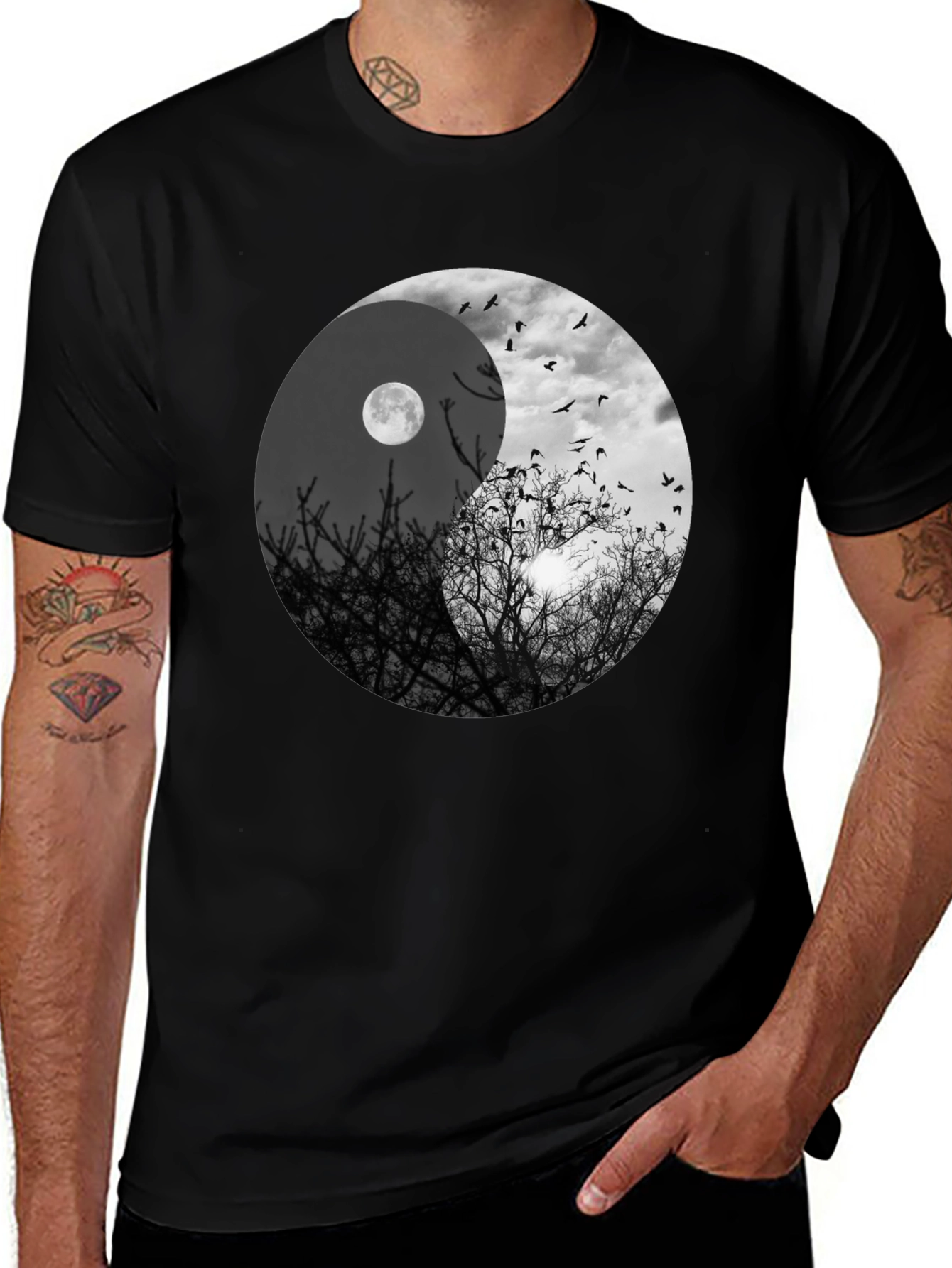 Variant 5 of Yin Yang Moon & Birds Graphic T-Shirt