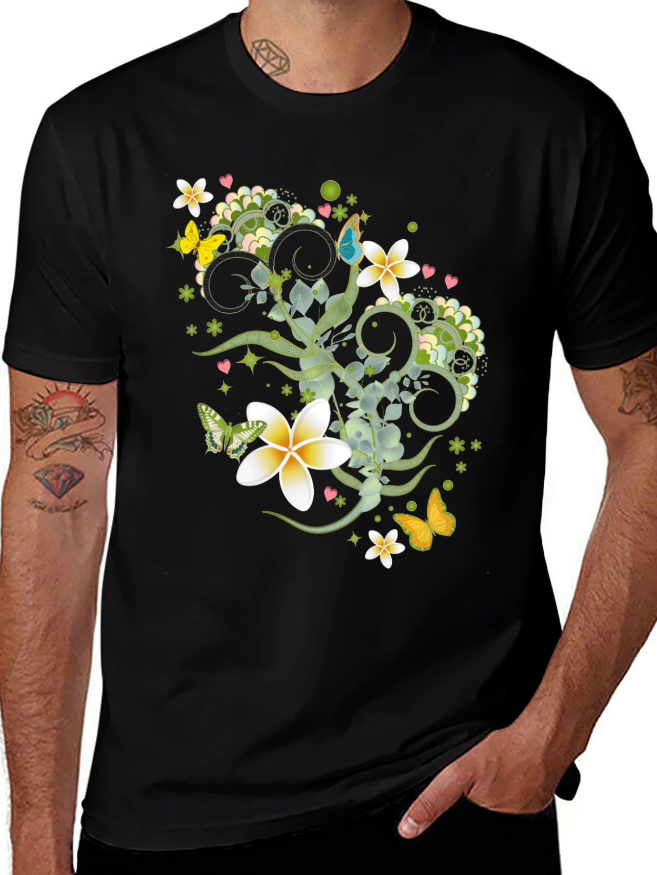 Variant 23 of Floral Butterfly Graphic Black T-Shirt