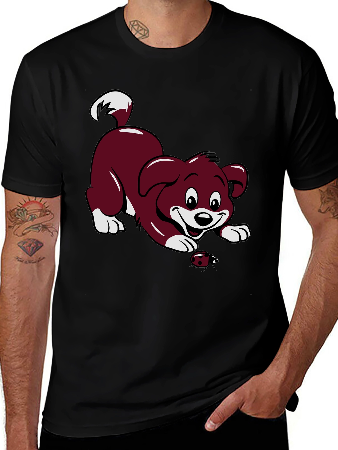Variant 30 of Black T-Shirt with Cartoon Puppy and Ladybug Design