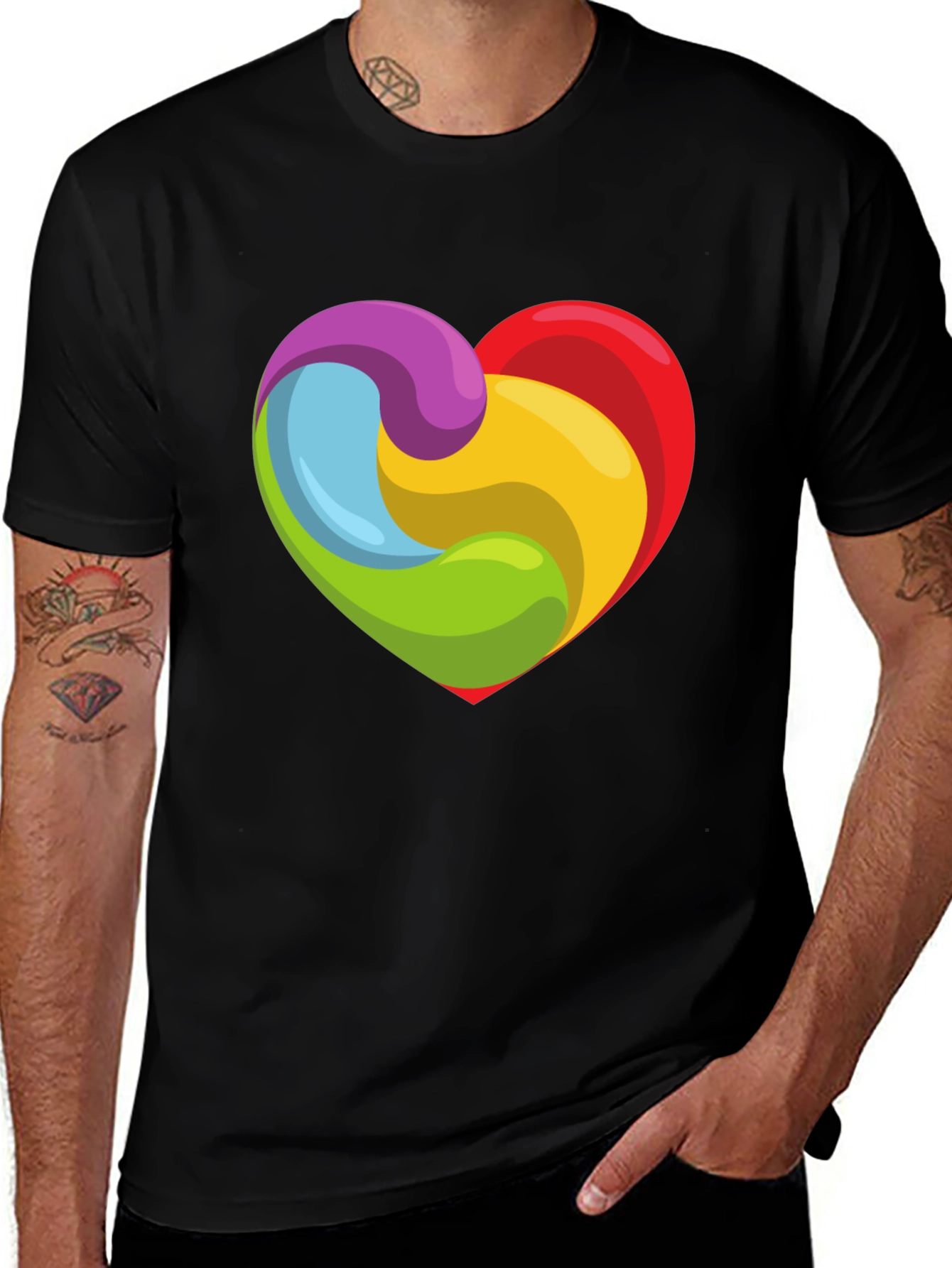 Variant 25 of Rainbow Heart Swirl Graphic Black T-Shirt