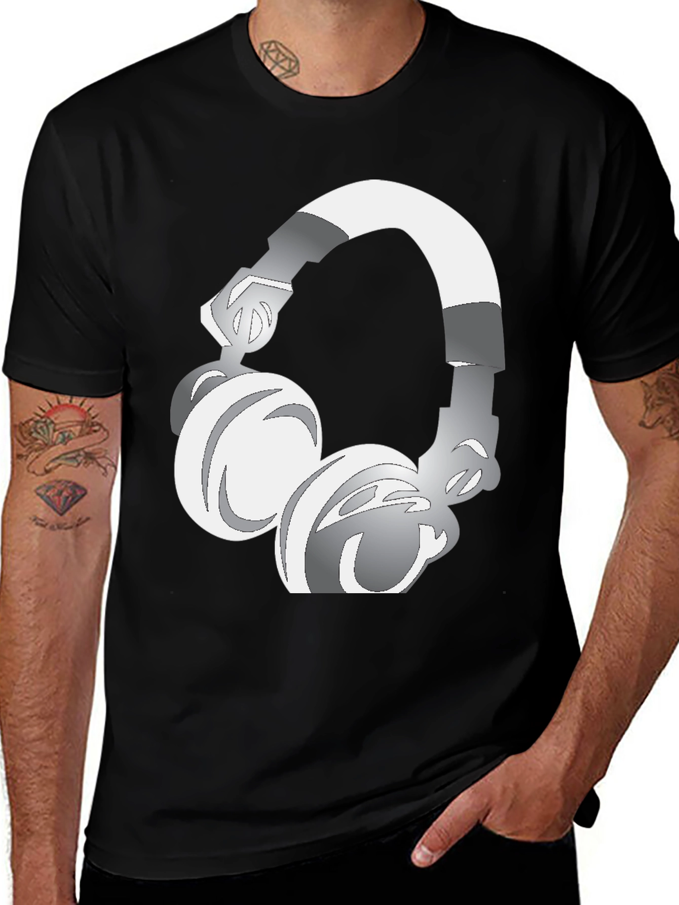 Variant 26 of Cool Graphic Tee: Silver Headphones Design