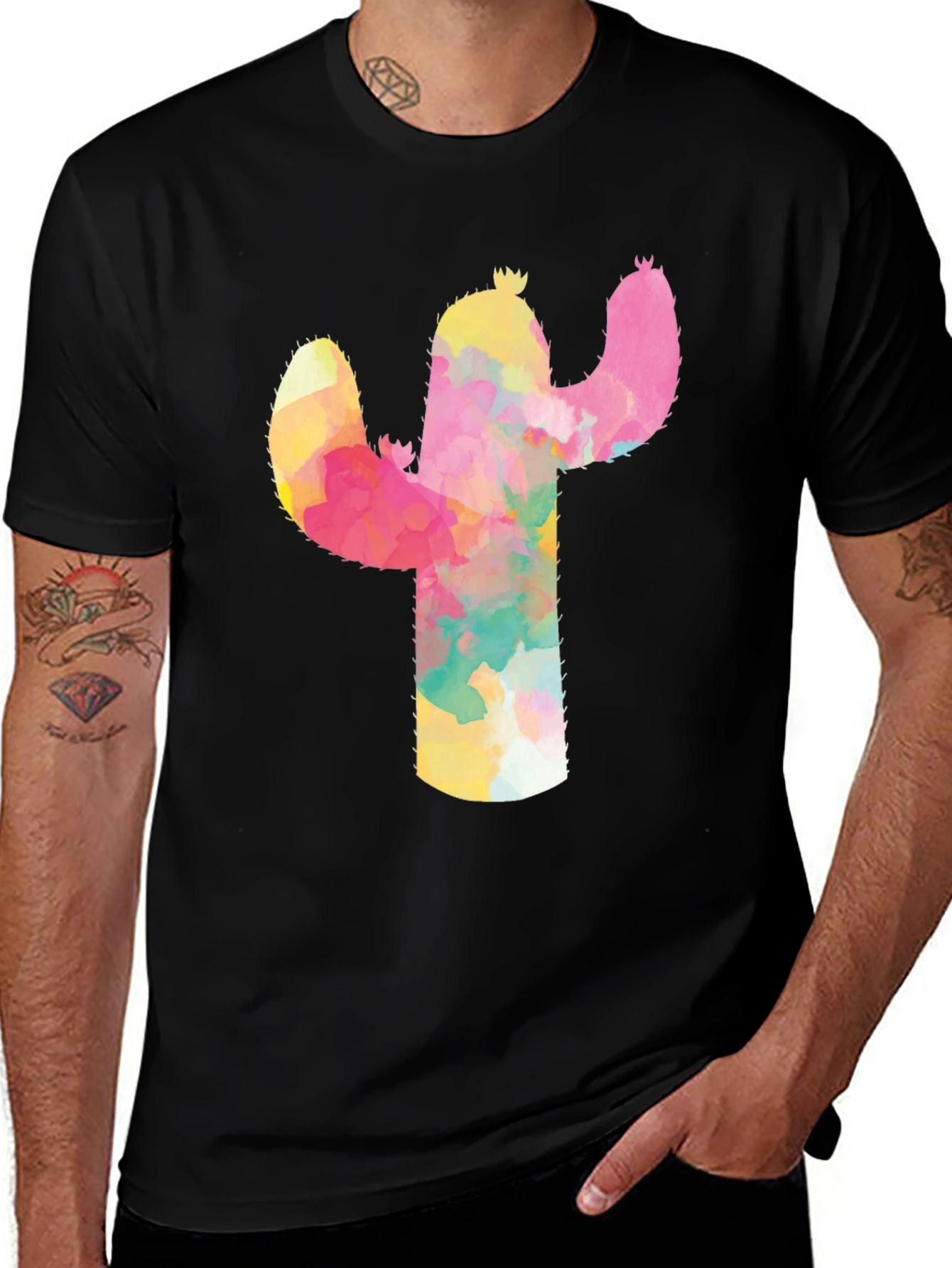 Variant 6 of Watercolor Cactus Graphic Tee - Men's Black T-Shirt