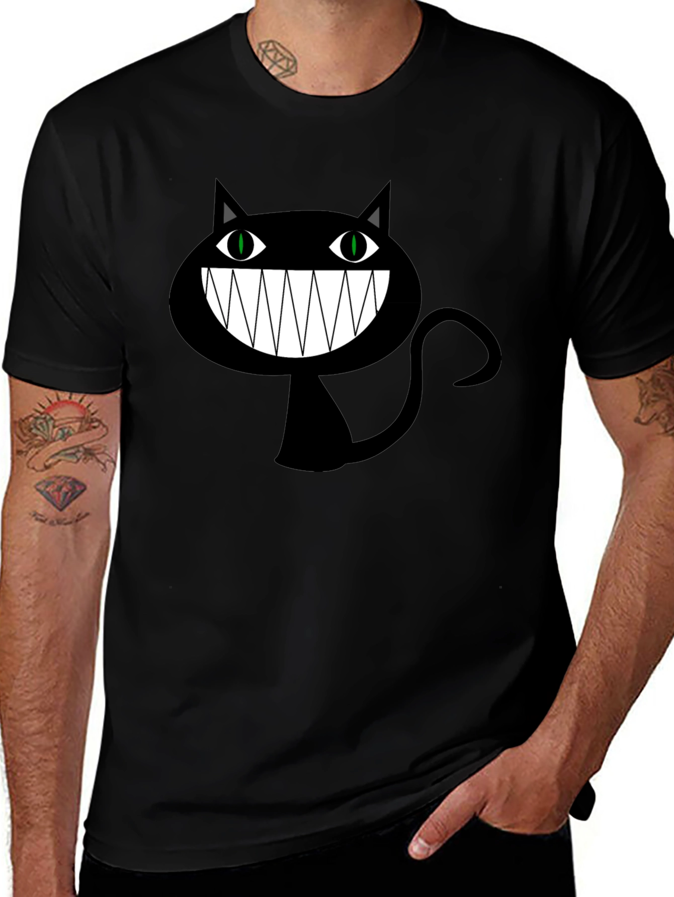 Variant 21 of Creepy Cartoon Cat Graphic Tee - Black Cotton