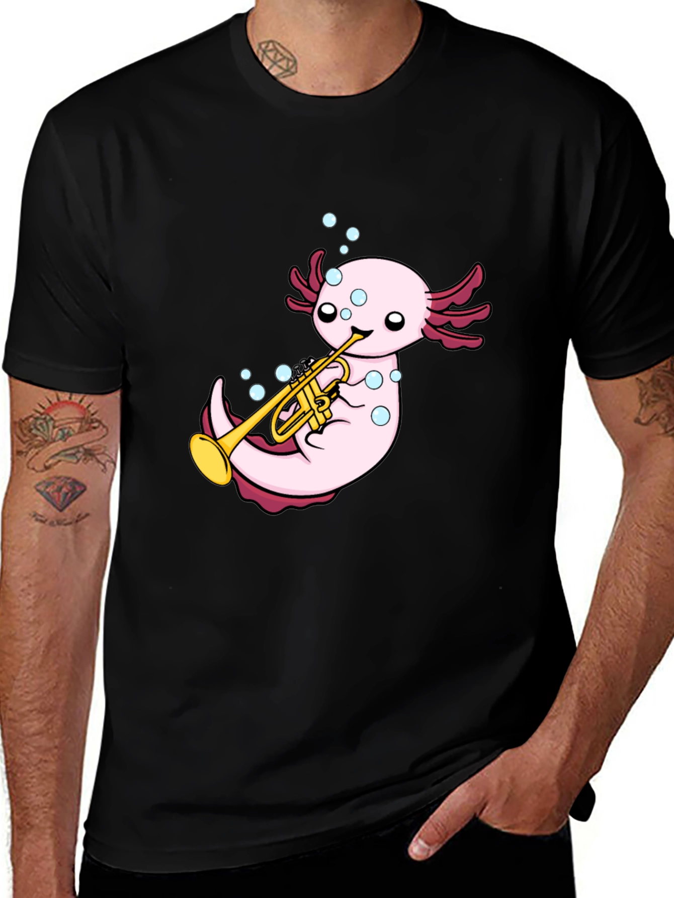 Variant 27 of Axolotl Trumpet Player Graphic T-Shirt - Black