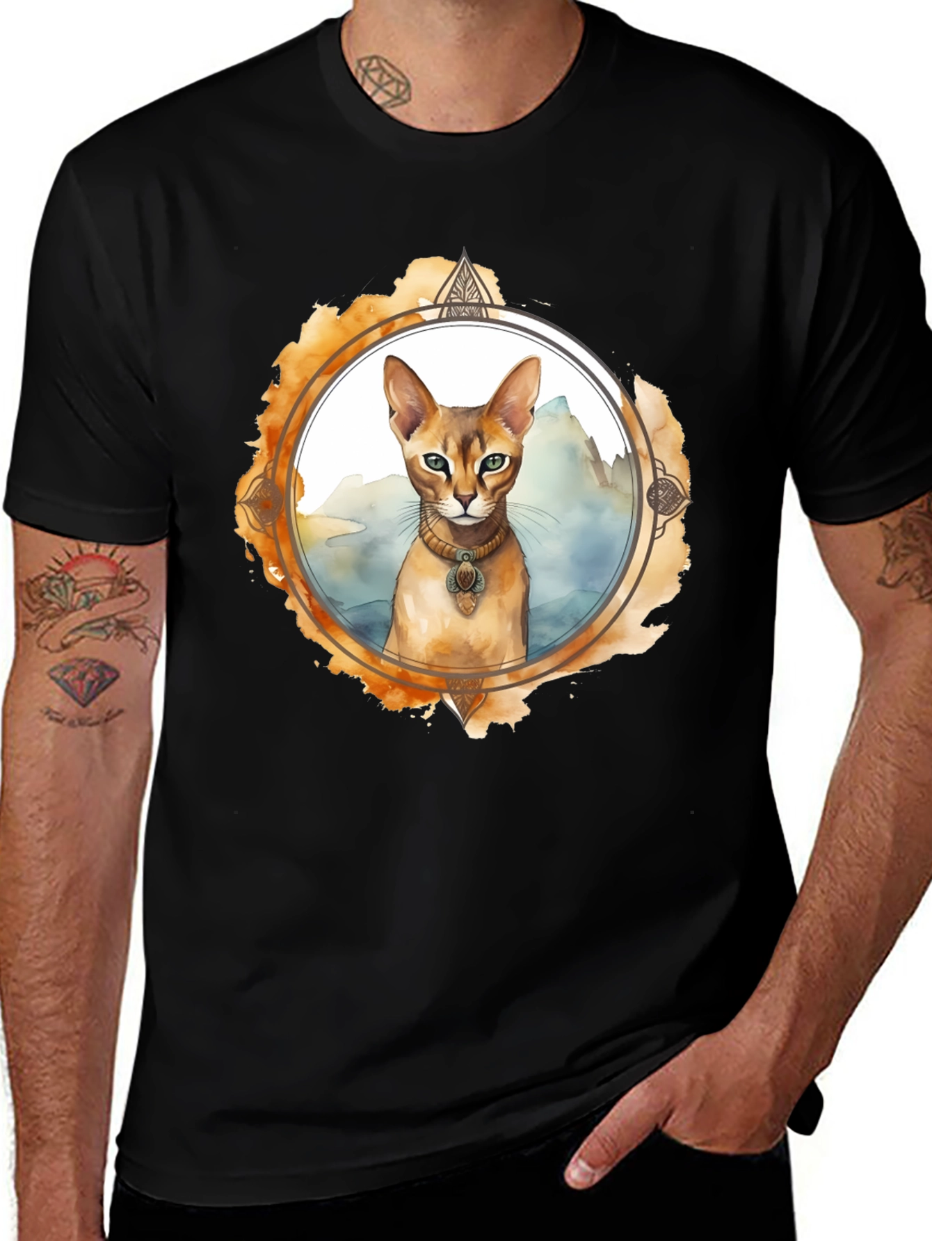 Abyssinian Cat T-Shirt, Watercolor Style, Round Design
