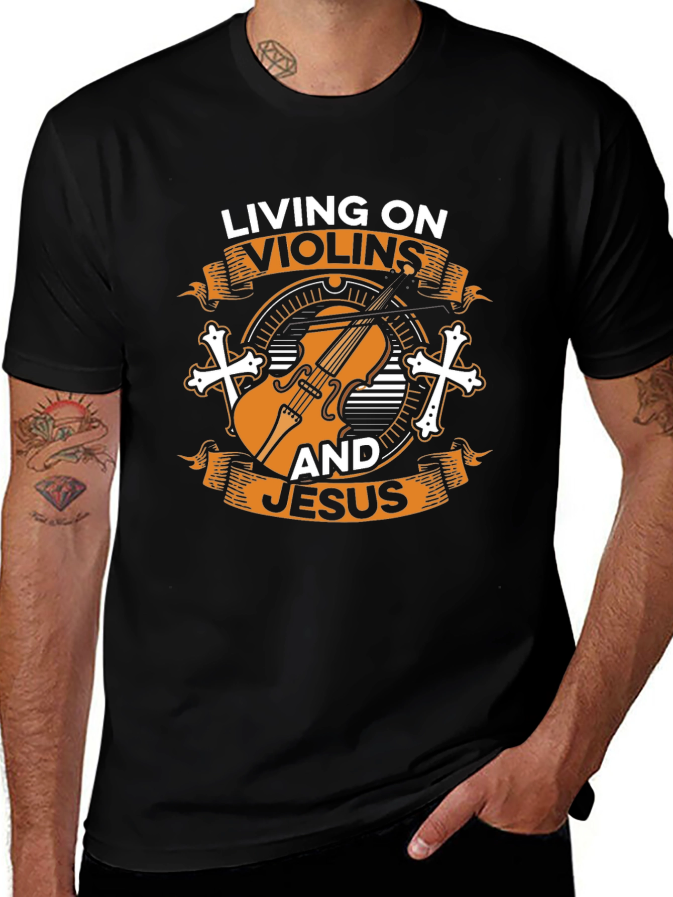 Variant 23 of Living on Violins and Jesus Black Graphic Tee