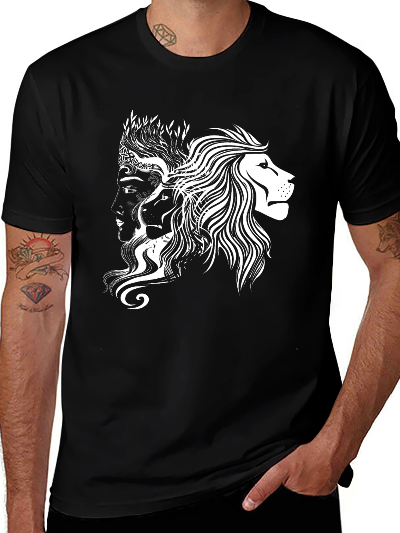 Variant 4 of Black Graphic Tee - Lion & Faces Design