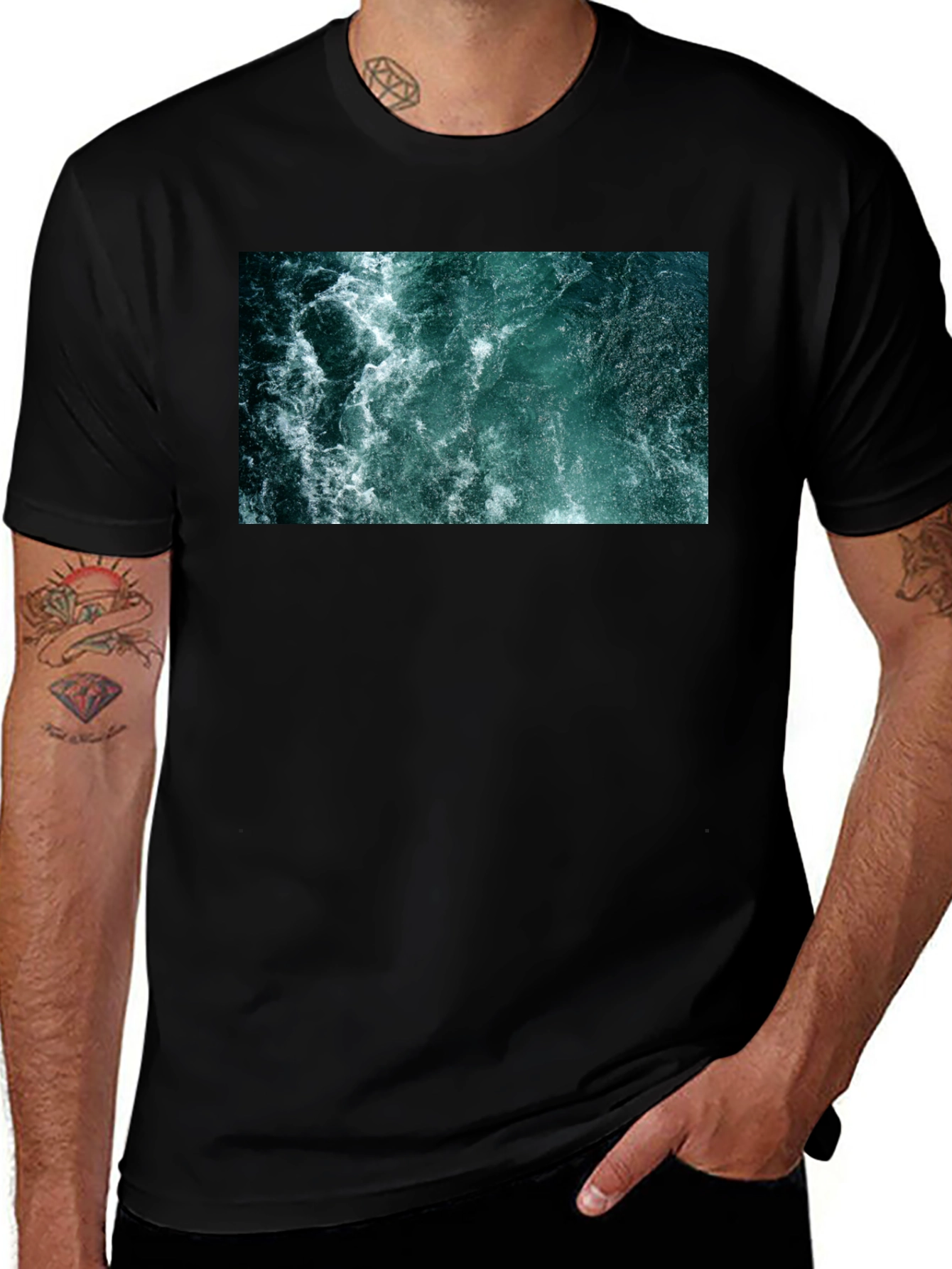 Variant 7 of Ocean Vortex Graphic Tee - Black Cotton Crewneck