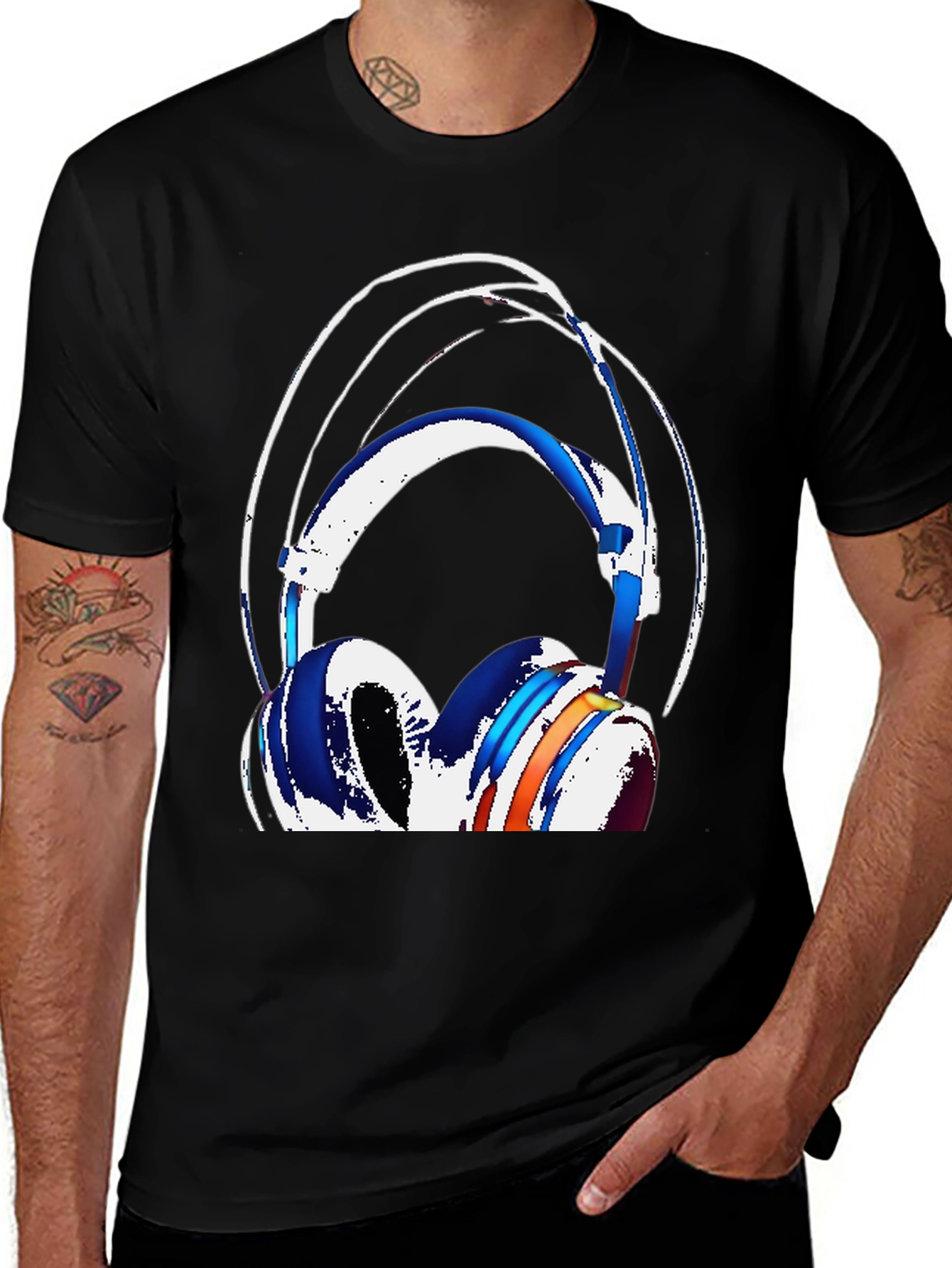 Variant 13 of Stylish Headphones Graphic Tee - Black Cotton Blend
