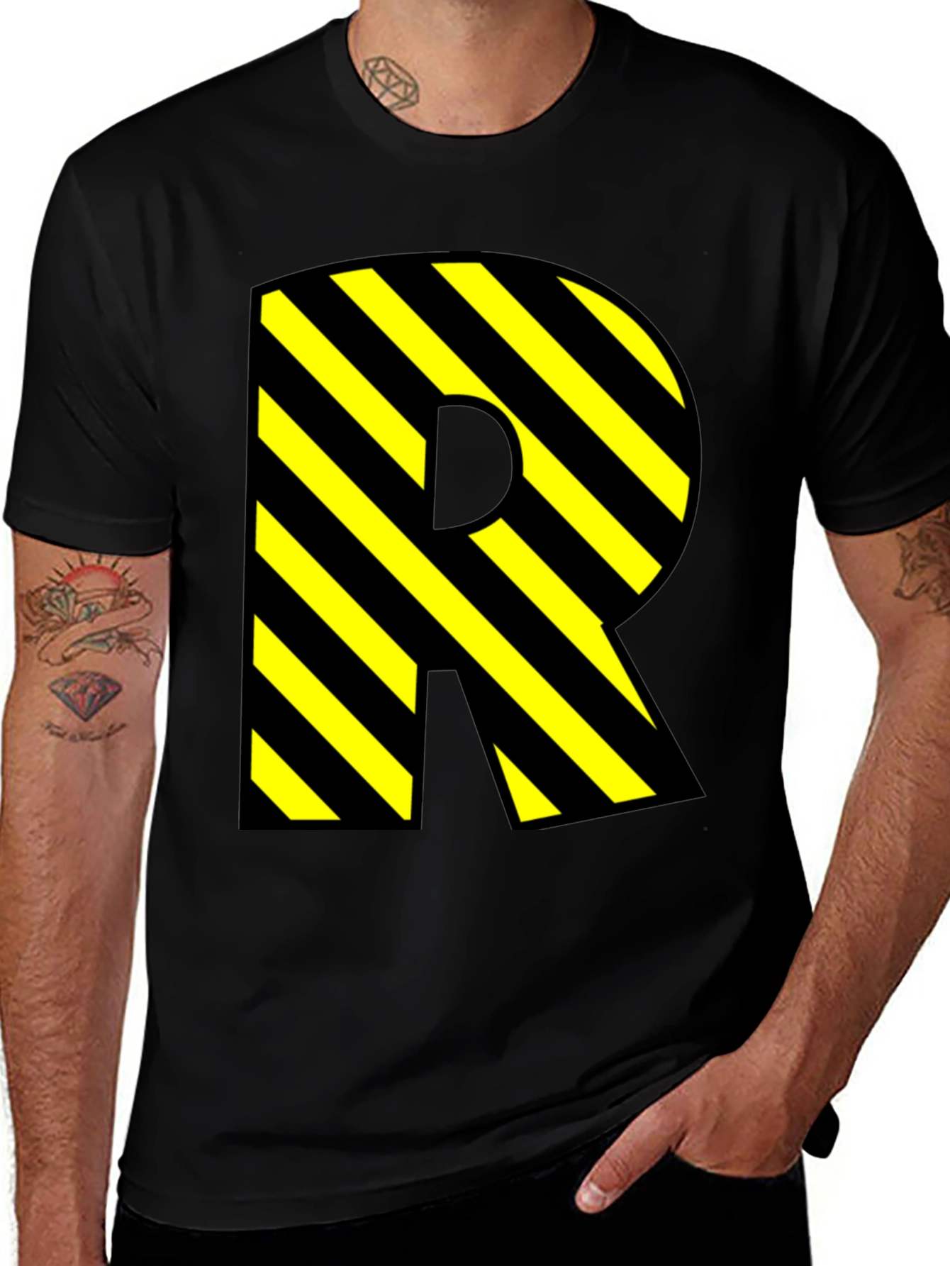 Variant 16 of Letter R Striped Graphic Black T-Shirt
