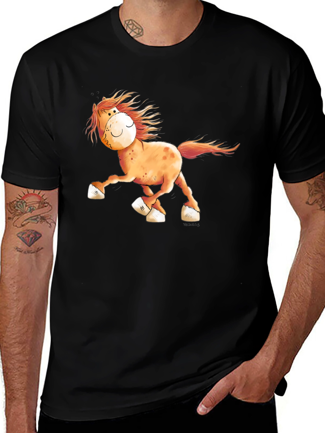 Variant 7 of Cartoon Horse Graphic Tee - Black Cotton Shirt
