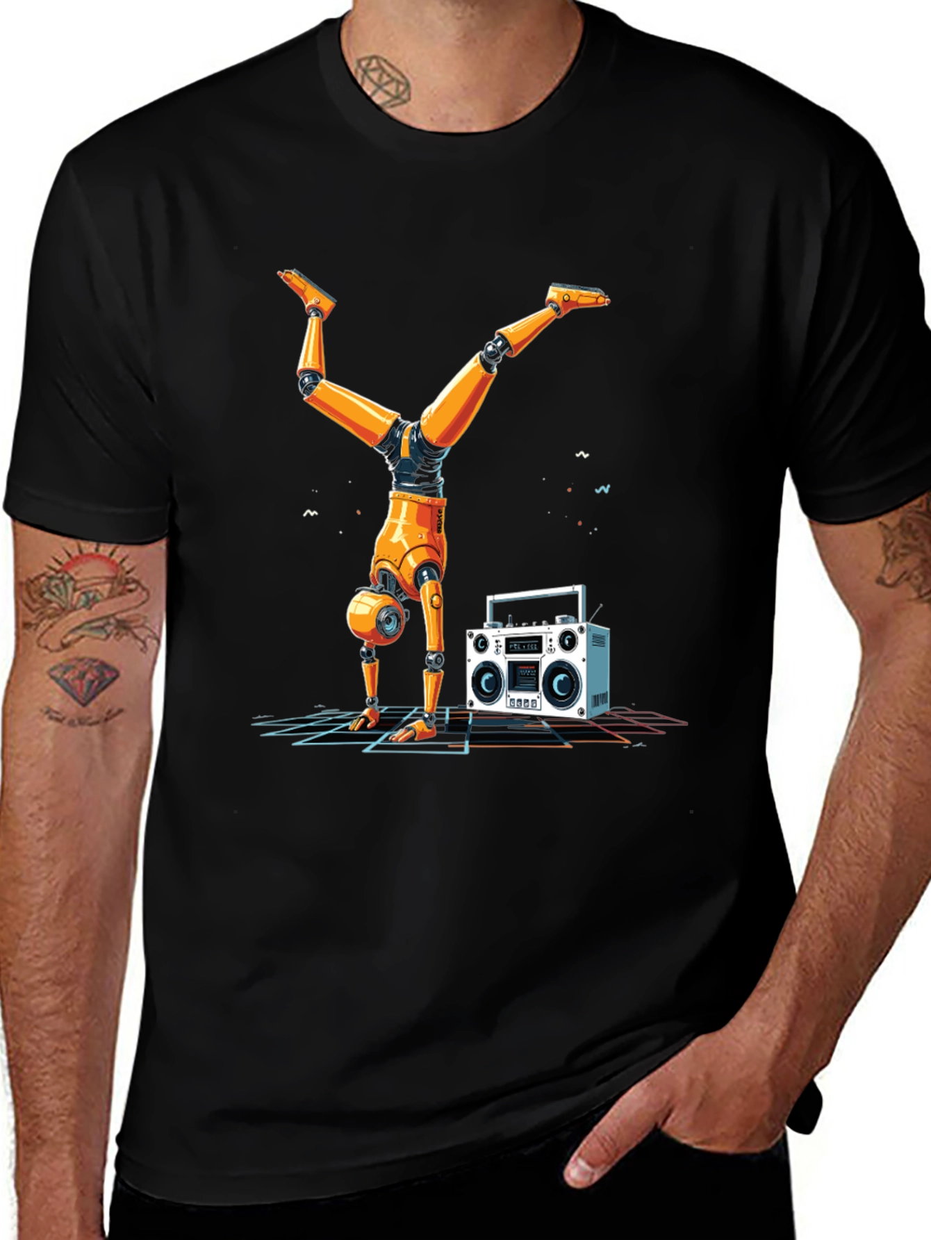Variant 26 of Robot Handstand T-Shirt - Retro Boombox Design