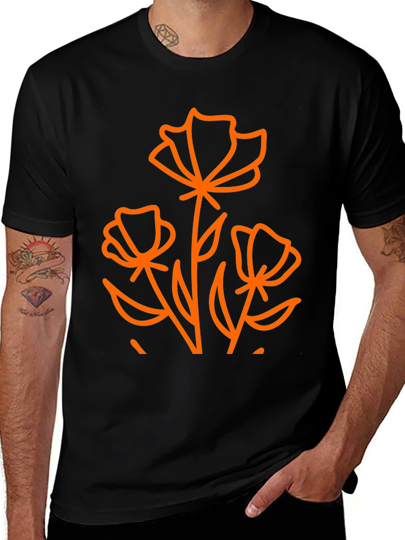 Variant 19 of Black T-Shirt with Orange Flower Graphic