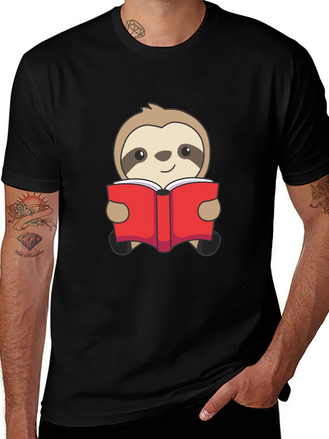 Variant 15 of Sloth Reading Book Graphic T-Shirt - Black