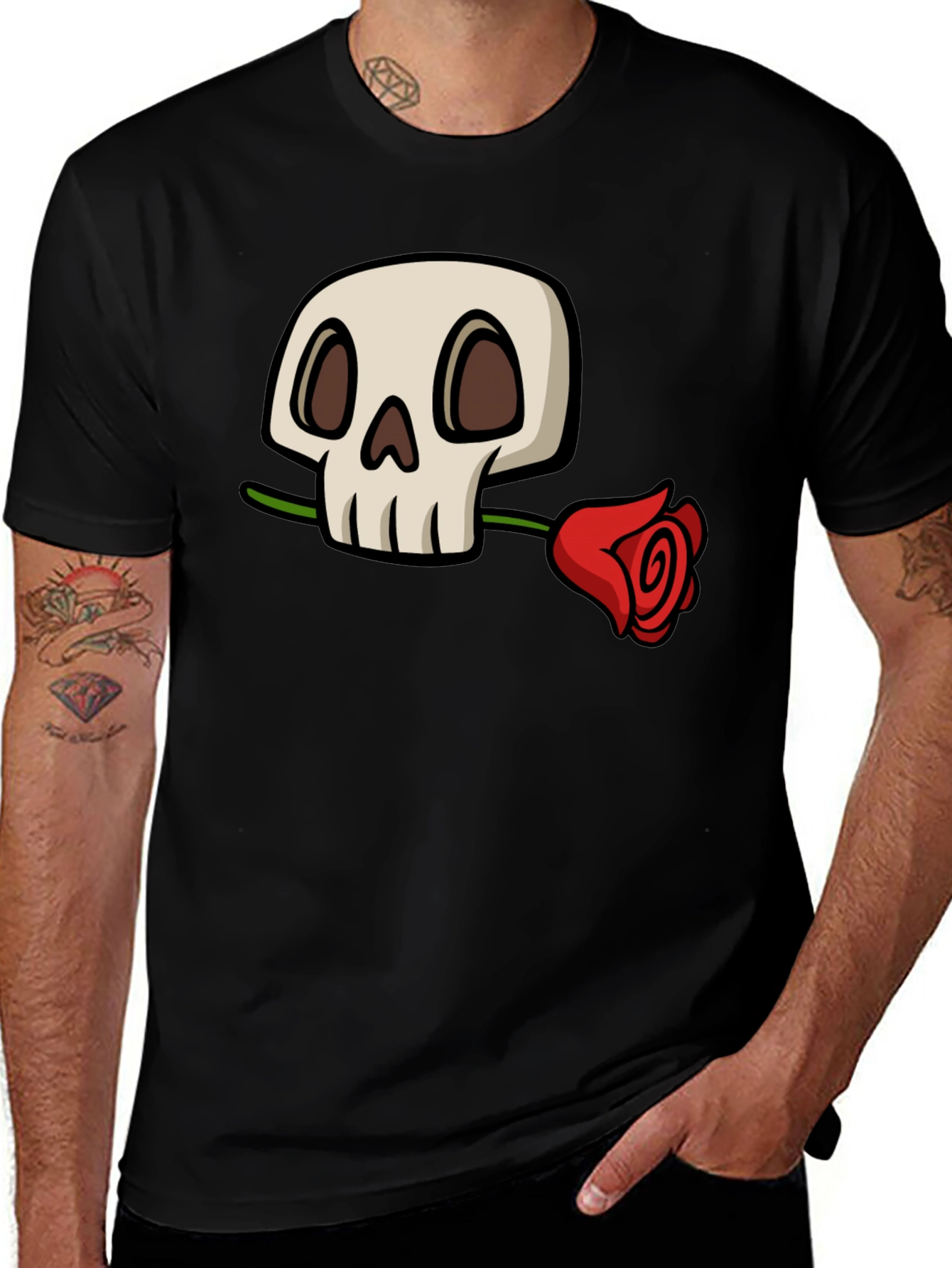 Variant 13 of Skull and Rose Graphic T-Shirt - Cool Black Tee