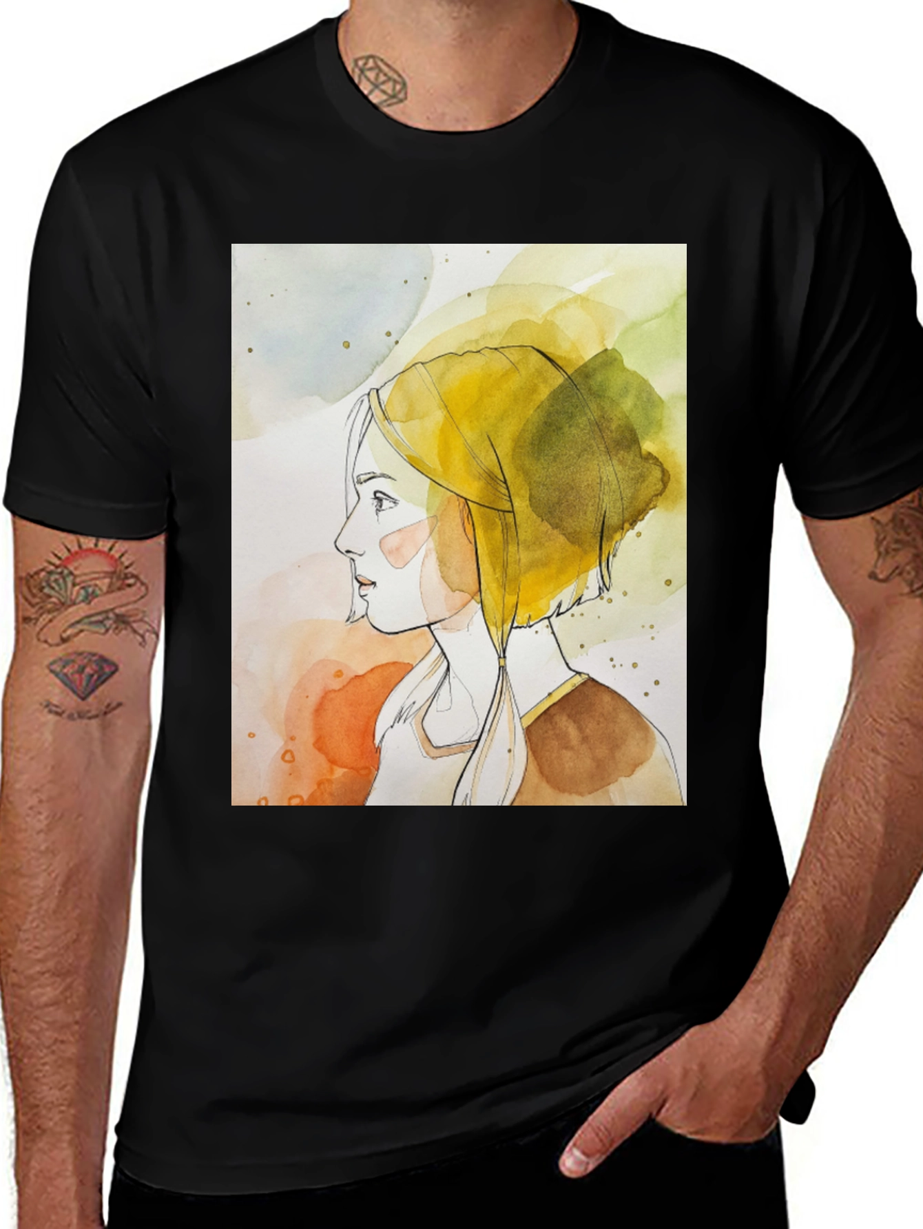 Variant 10 of Watercolor Woman Graphic Tee - Stylish Black T-Shirt