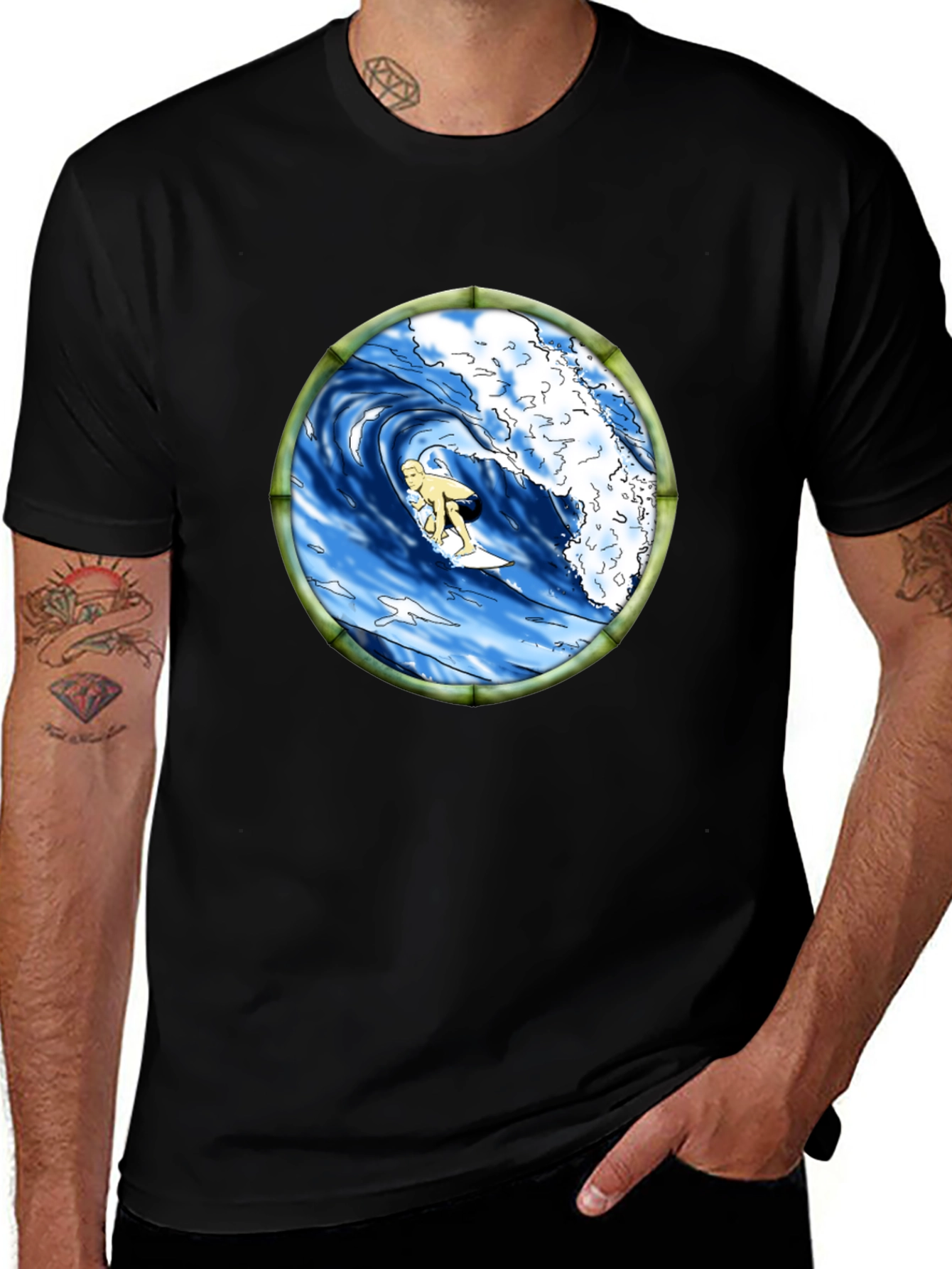 Variant 6 of Surfing Wave Graphic Black T-Shirt