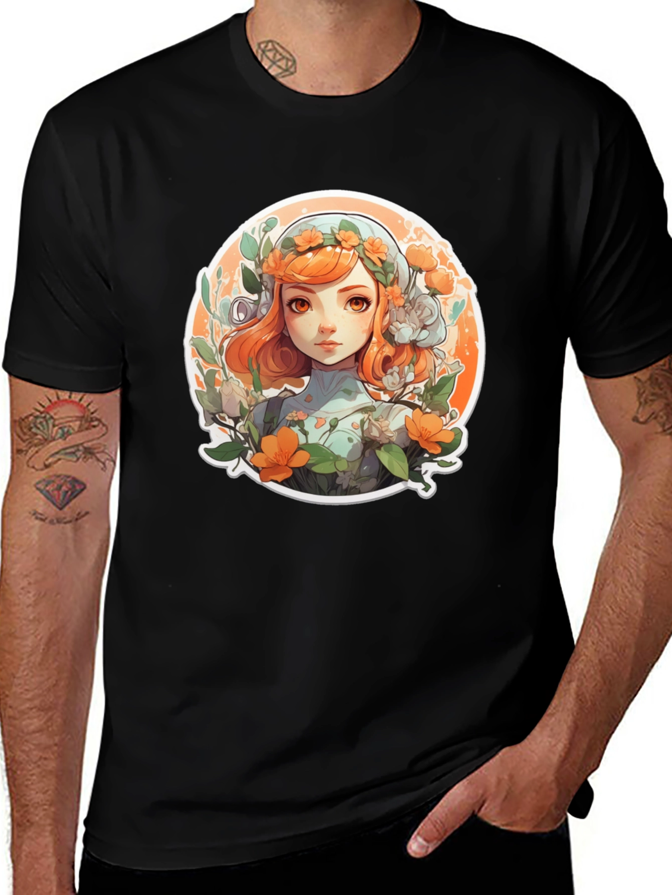 Variant 10 of Floral Anime Girl T-Shirt - Black