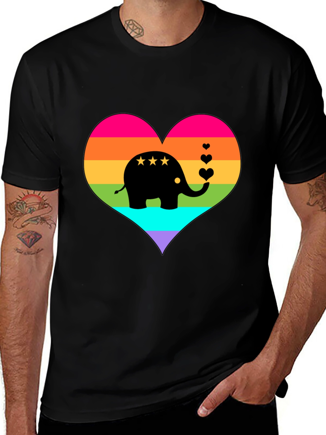 Variant 7 of Rainbow Heart Elephant Black T-Shirt
