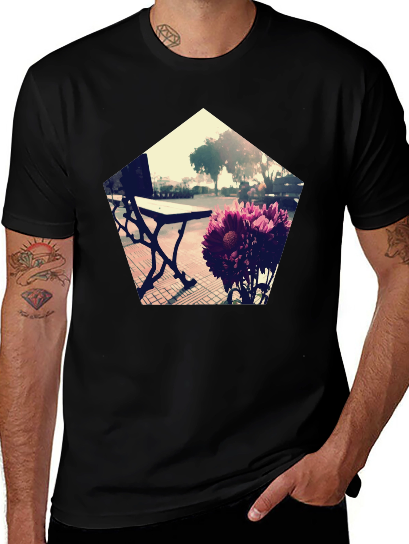 Variant 4 of Modern Floral Bench Graphic Tee - Black Cotton Blend