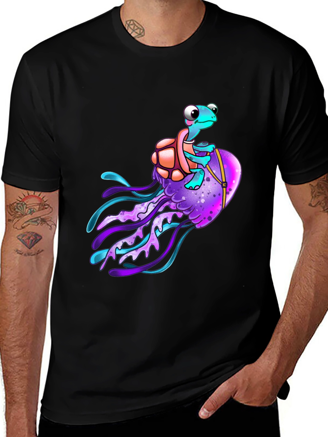 Variant 17 of Cartoon Turtle Riding Jellyfish Black T-Shirt