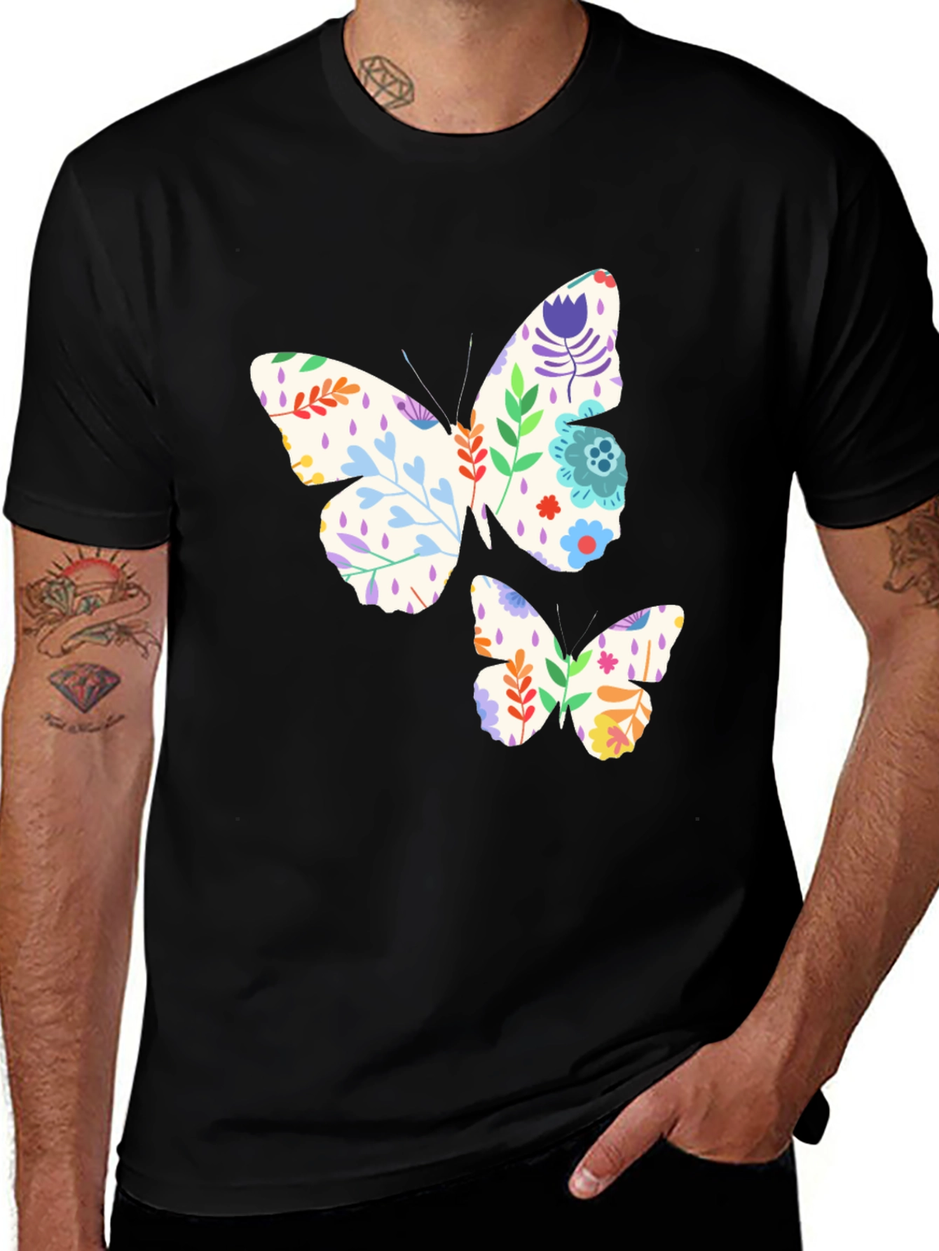 Variant 10 of Floral Butterfly Print Black T-Shirt