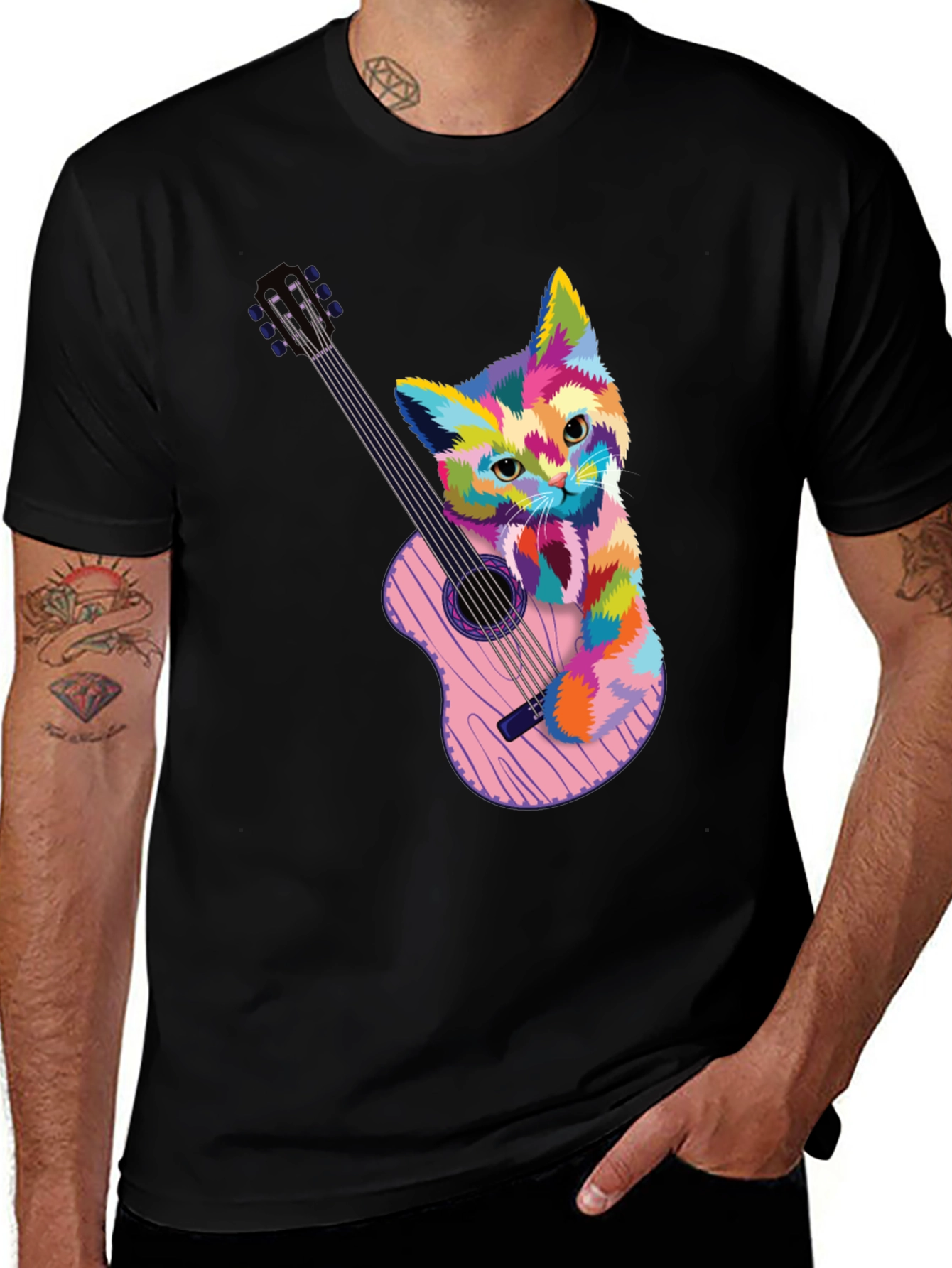 Variant 15 of Colorful Cat Guitar T-Shirt - Men's Graphic Tee