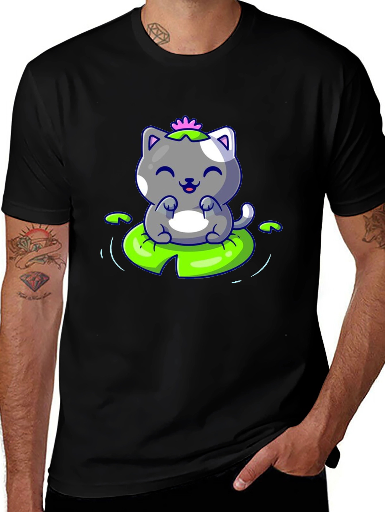 Variant 6 of Cute Cat on Lily Pad Graphic Tee - Black