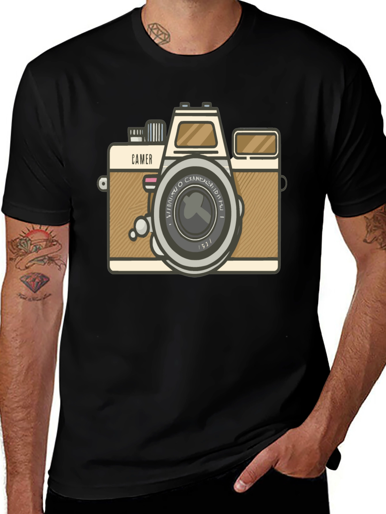Retro Camera Graphic Tee - Black Cotton T-Shirt