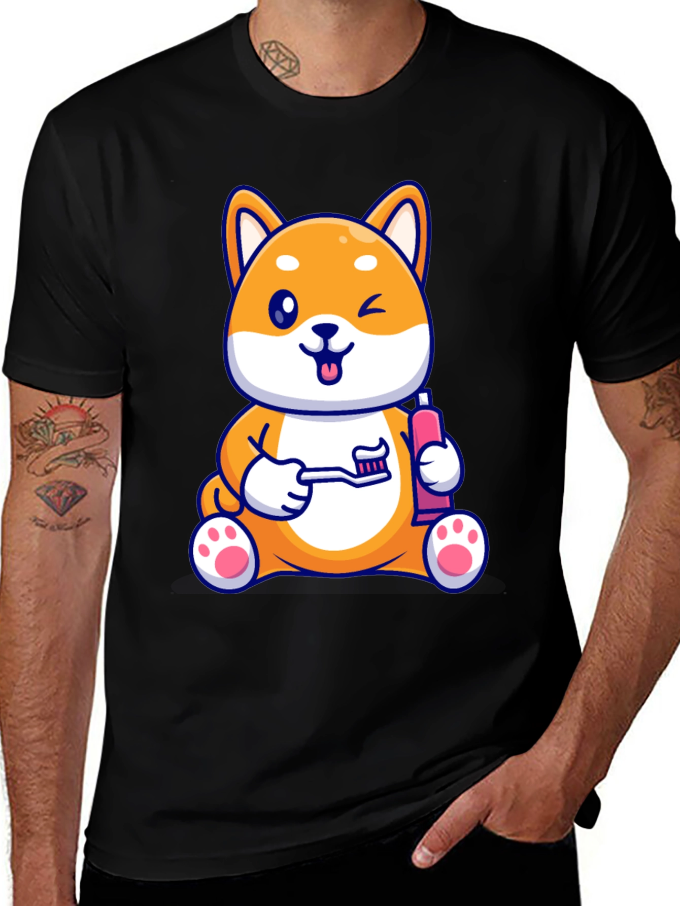 Cute Shiba Inu Brushing Teeth Graphic Tee