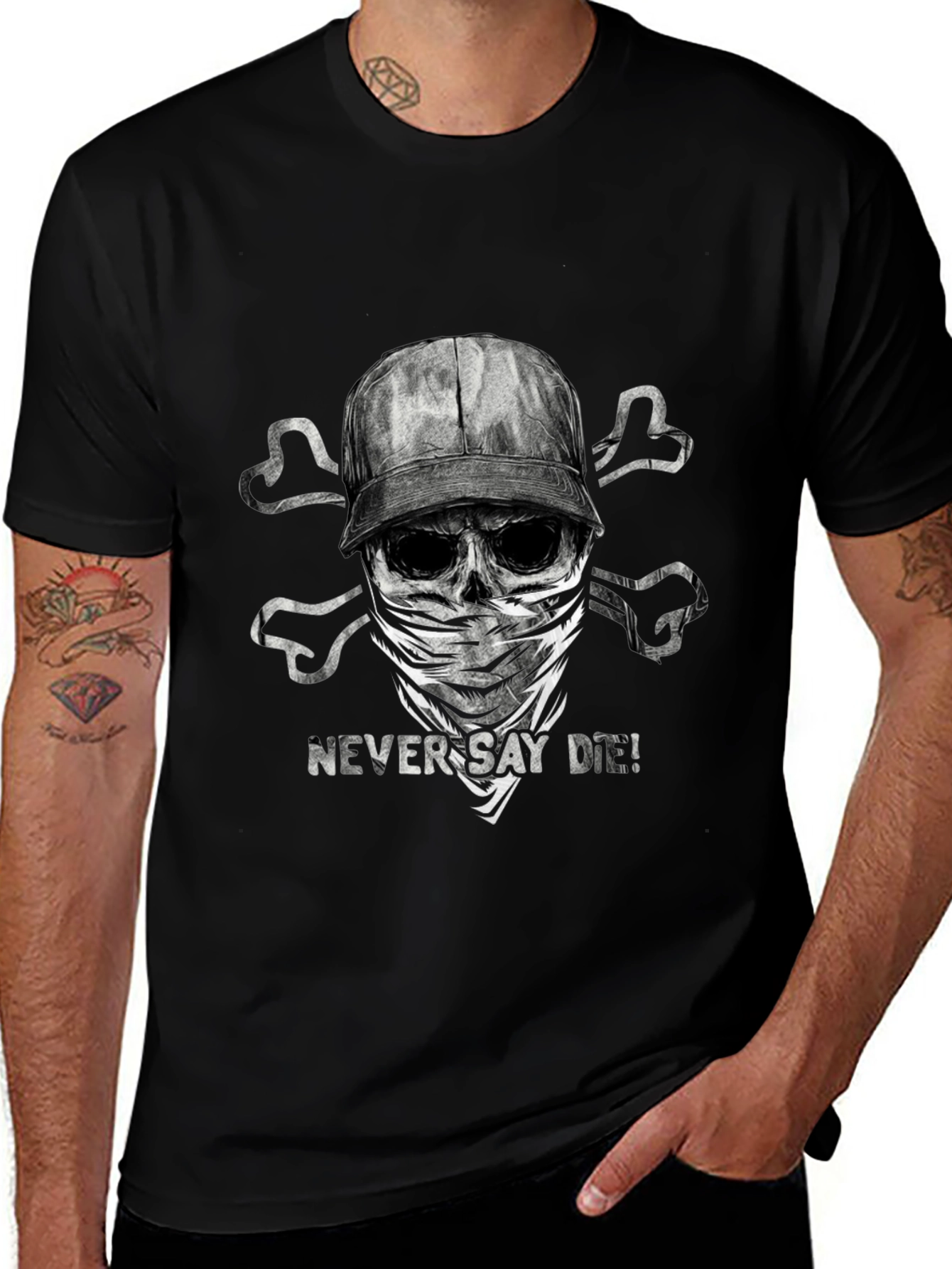 Black Never Say Die T-Shirt - Skull & Crossbones Design main image