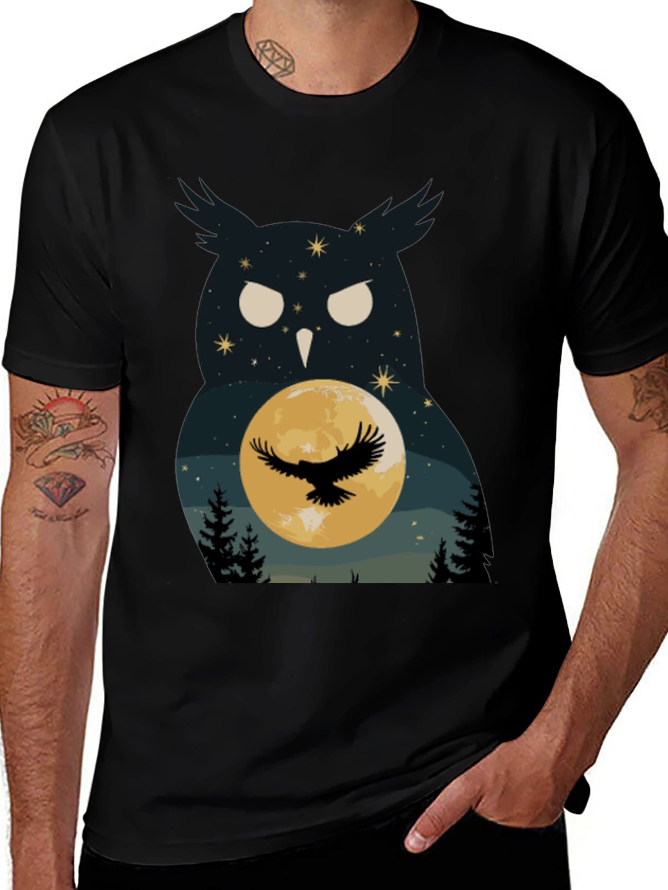 Black Owl & Moon Graphic Tee - Night Sky Black T-Shirt main image