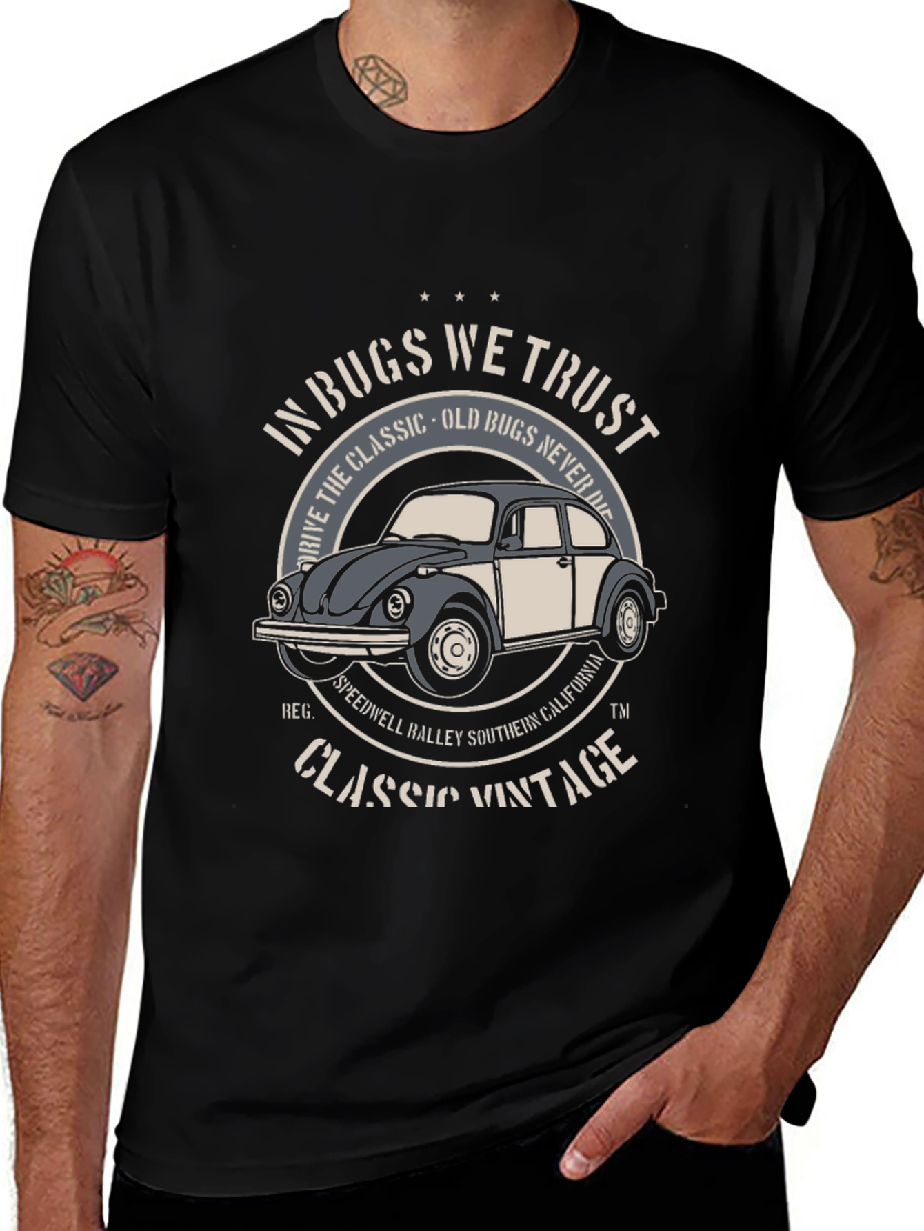 Vintage Beetle Car T-Shirt - In Bugs We Trust
