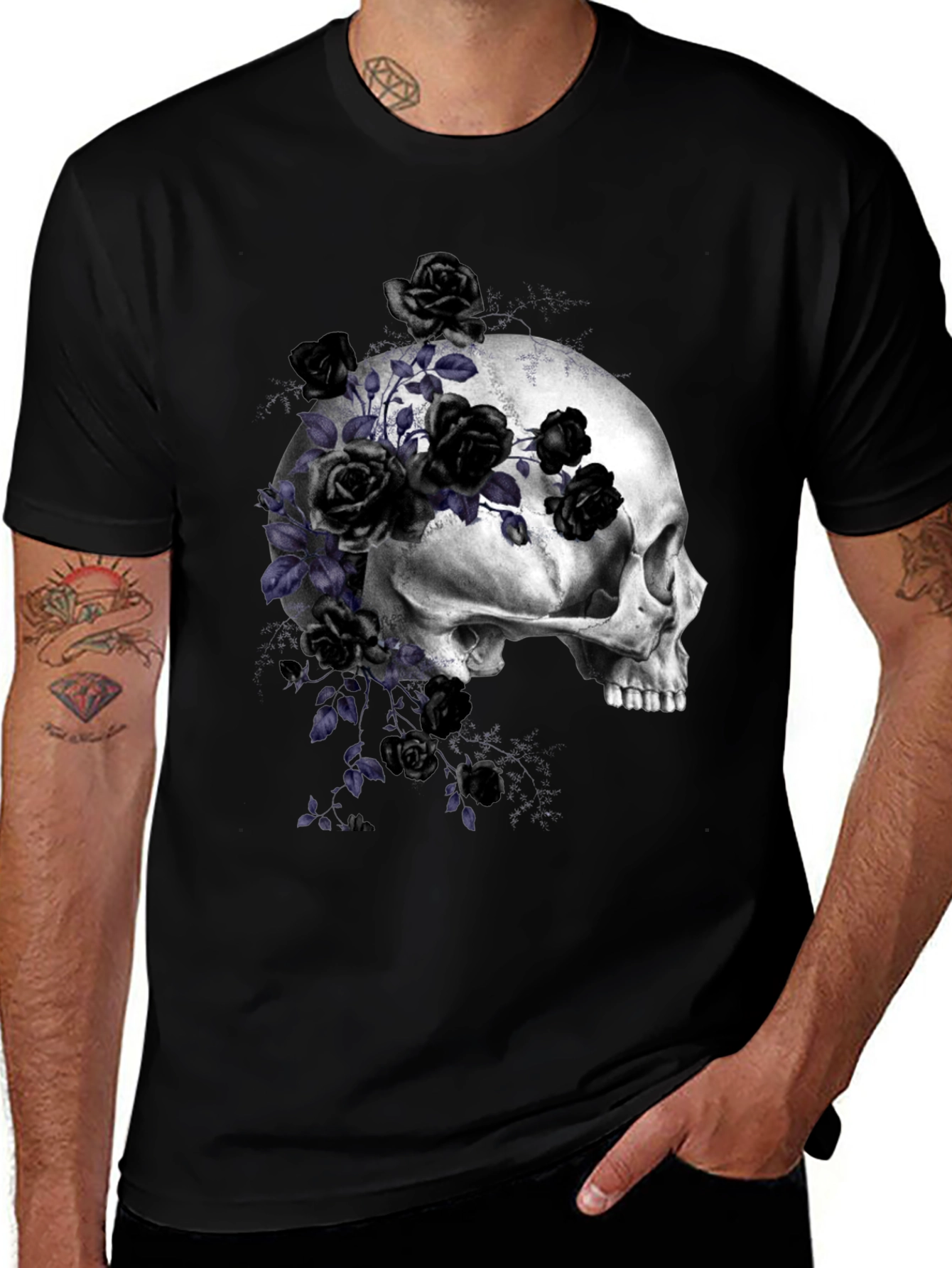 Black Skull and Roses Graphic T-Shirt main image