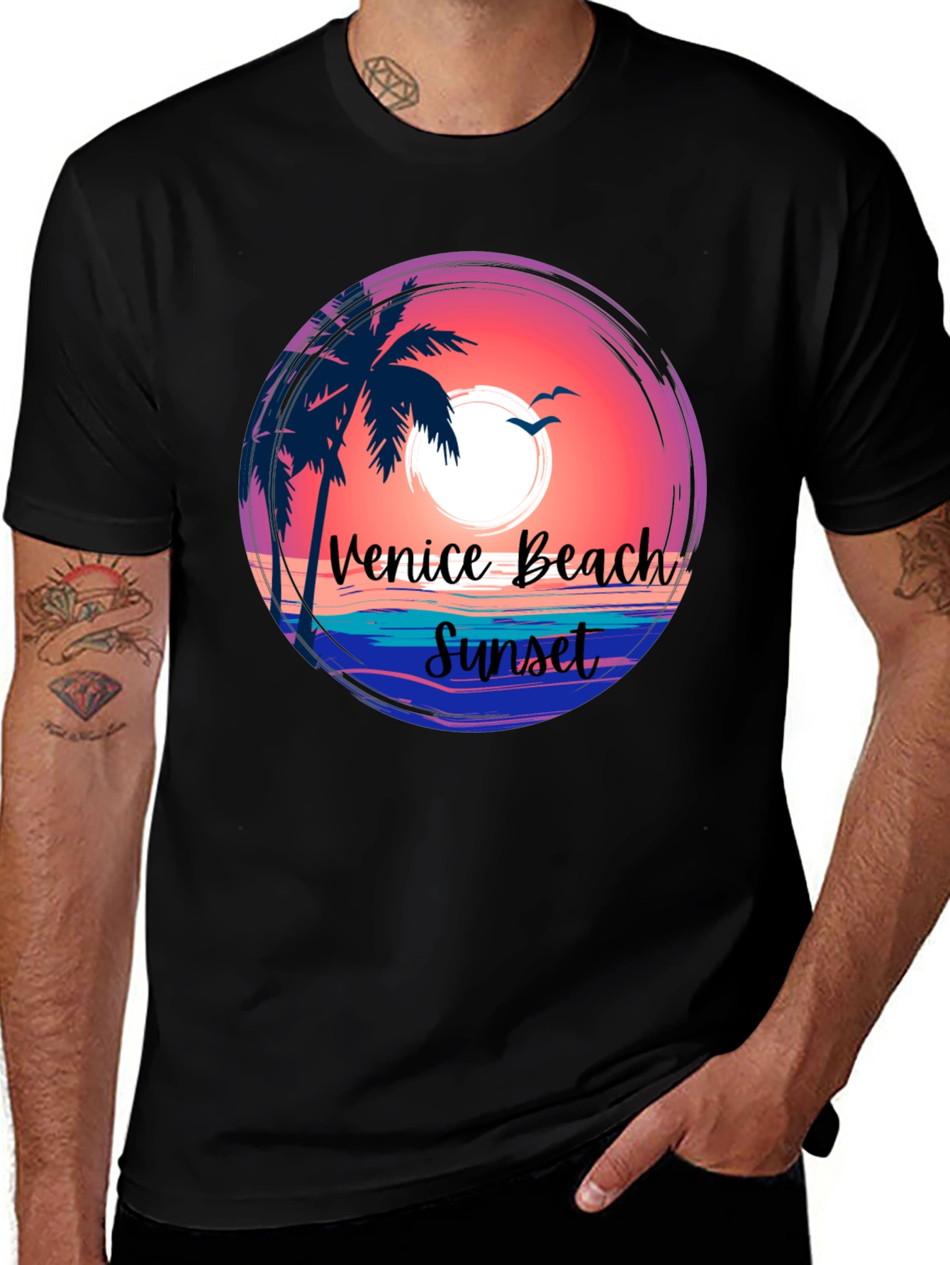 Venice Beach Sunset Graphic T-Shirt - Tropical Palm Tree Tee