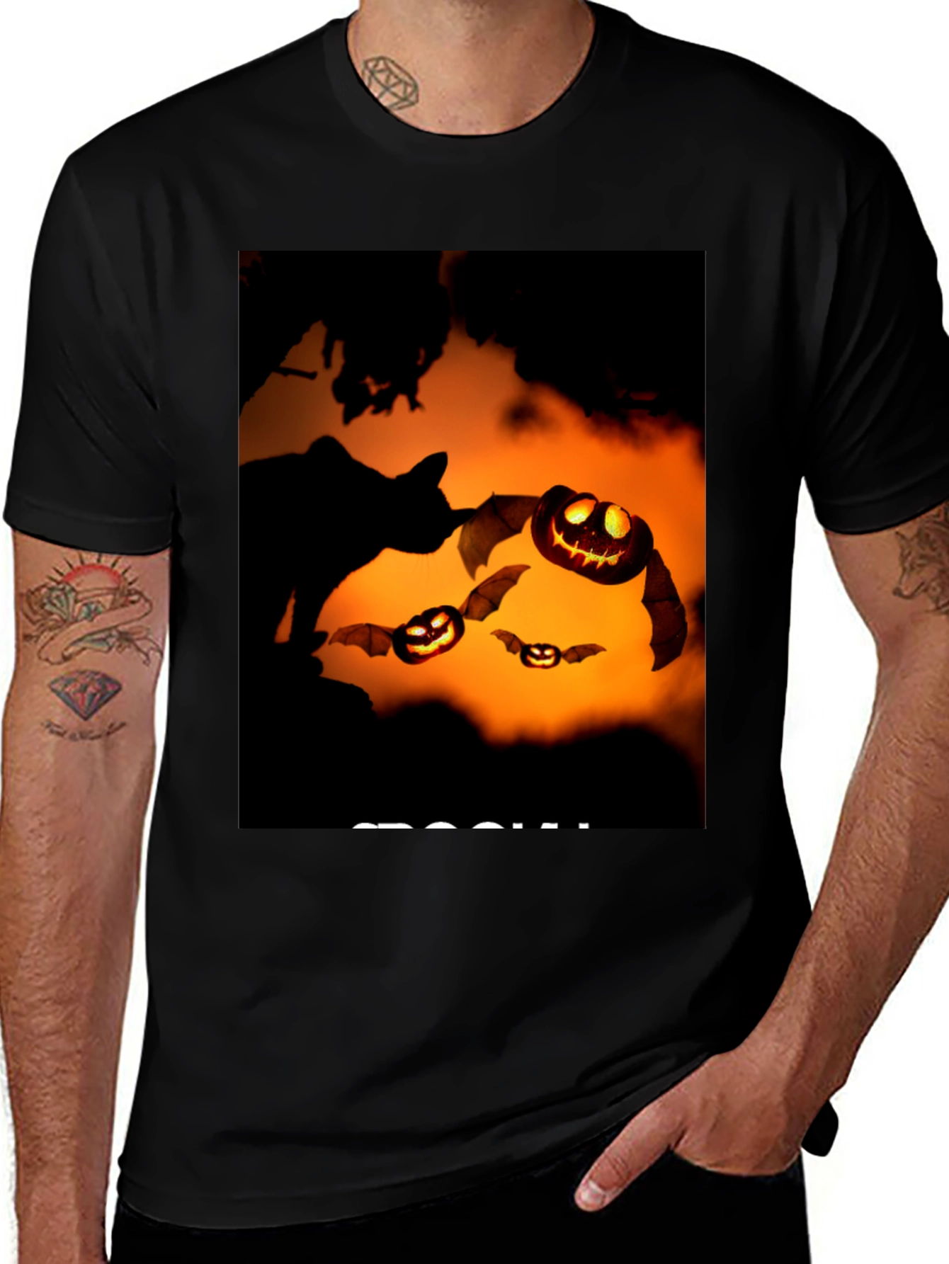 Halloween Black Cat Pumpkin Bat T-Shirt