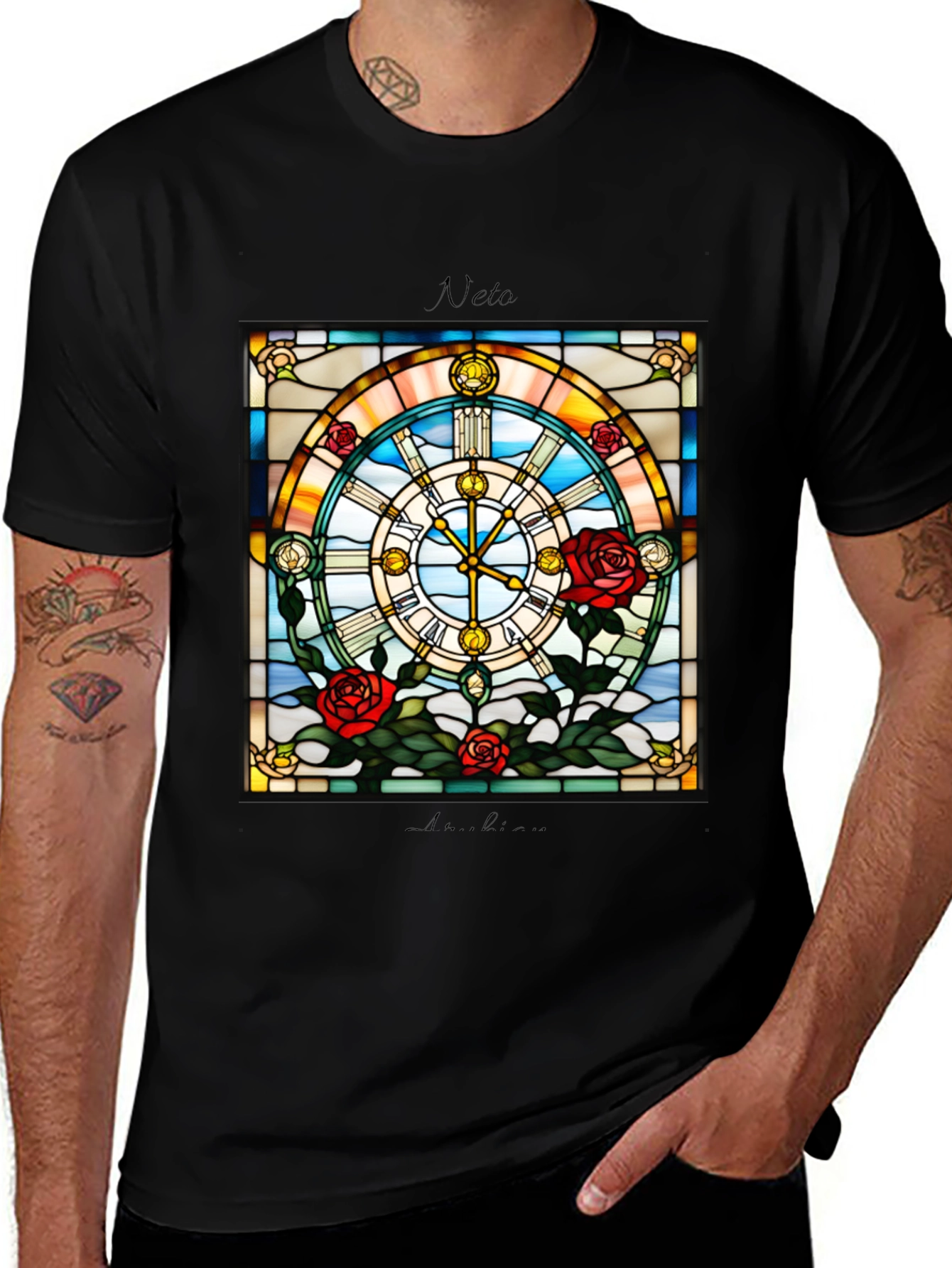 Variant 28 of Stained Glass Clock Roses Graphic T-Shirt