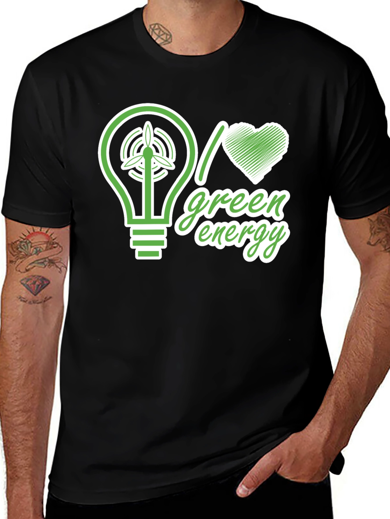 Variant 13 of I Love Green Energy T-Shirt - Wind Turbine Bulb