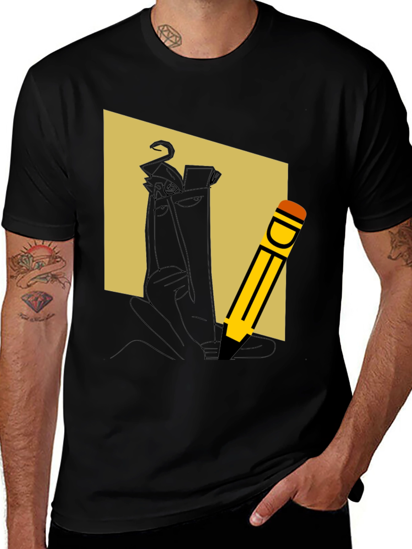 Cartoon Character and Pencil Graphic Print T-Shirt