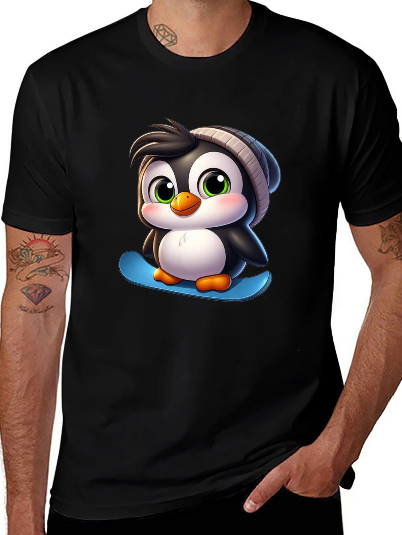 Variant 23 of Cute Penguin on Skateboard Black T-Shirt