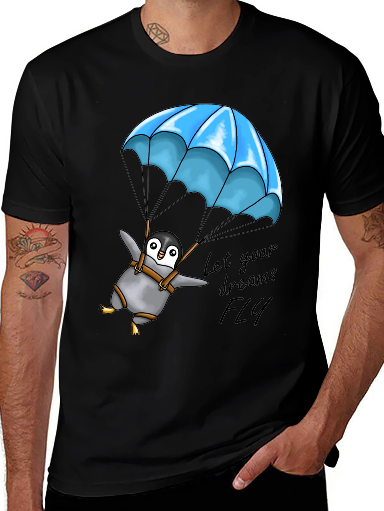 Variant 3 of Penguin Parachute Black T-Shirt - Let Your Dreams Fly!