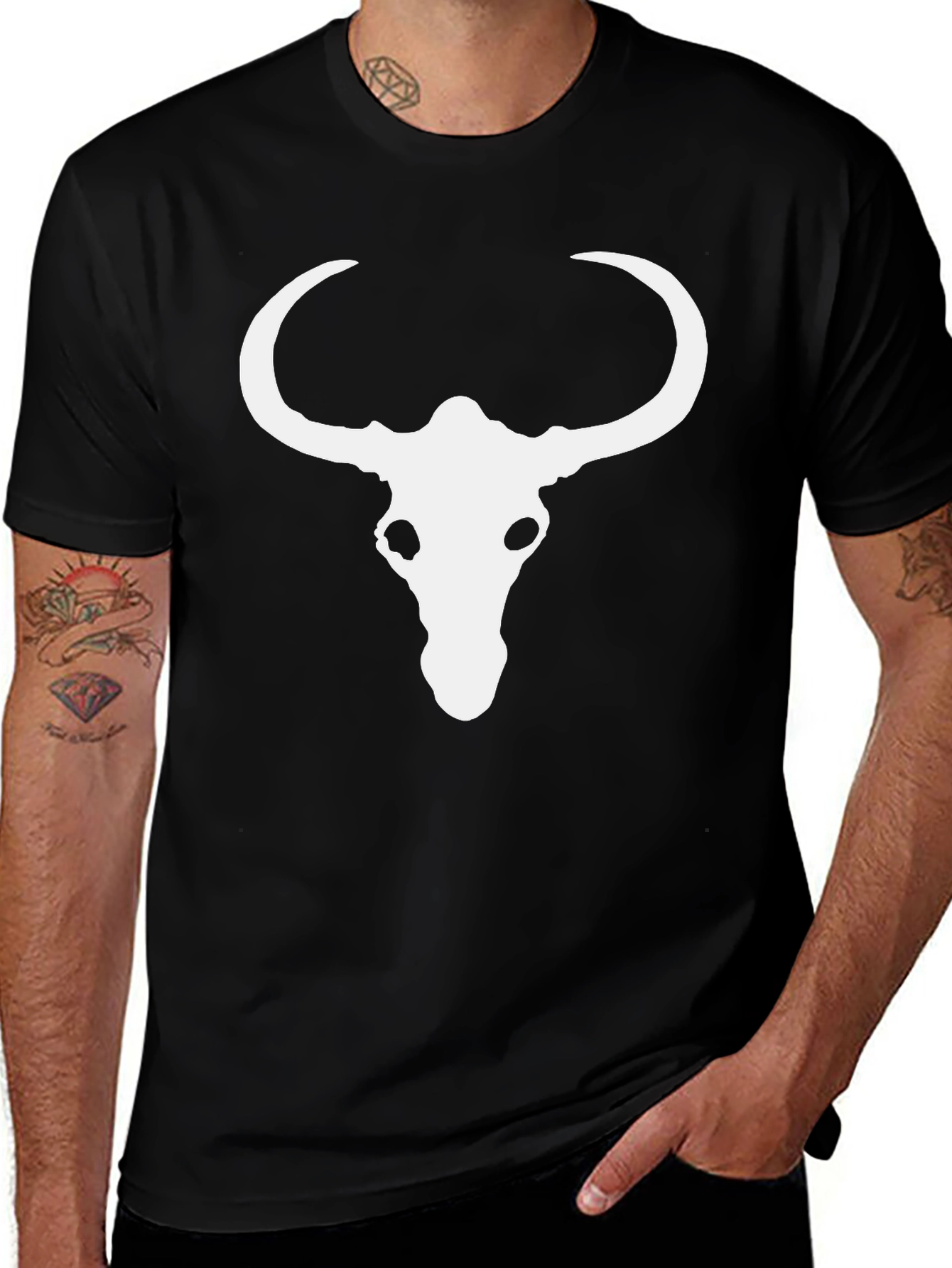Variant 25 of Skull Horn Graphic Tee - Black Cotton Blend Casual T-Shirt