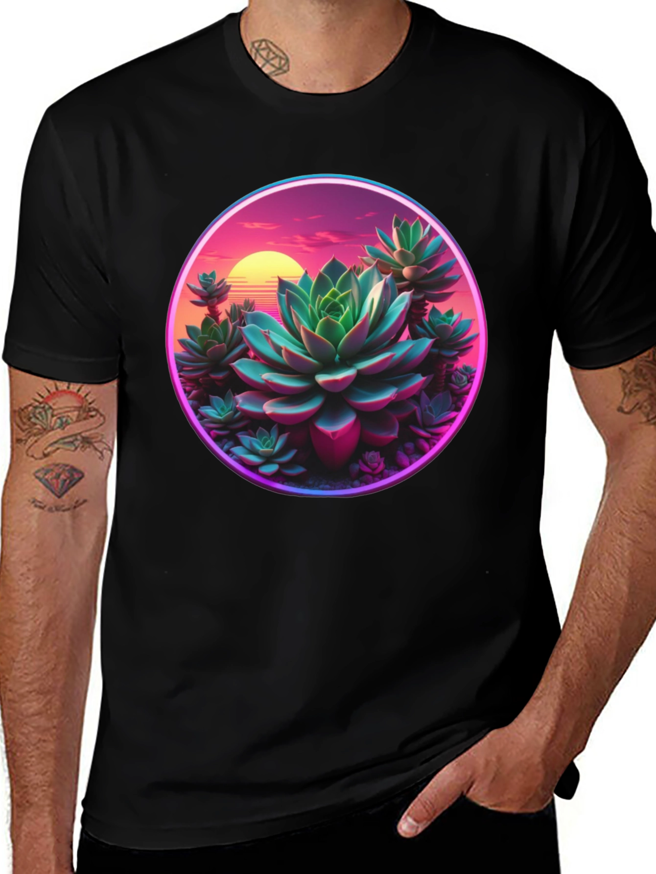 Variant 30 of Succulent Sunset Graphic Tee - Trendy Black T-Shirt