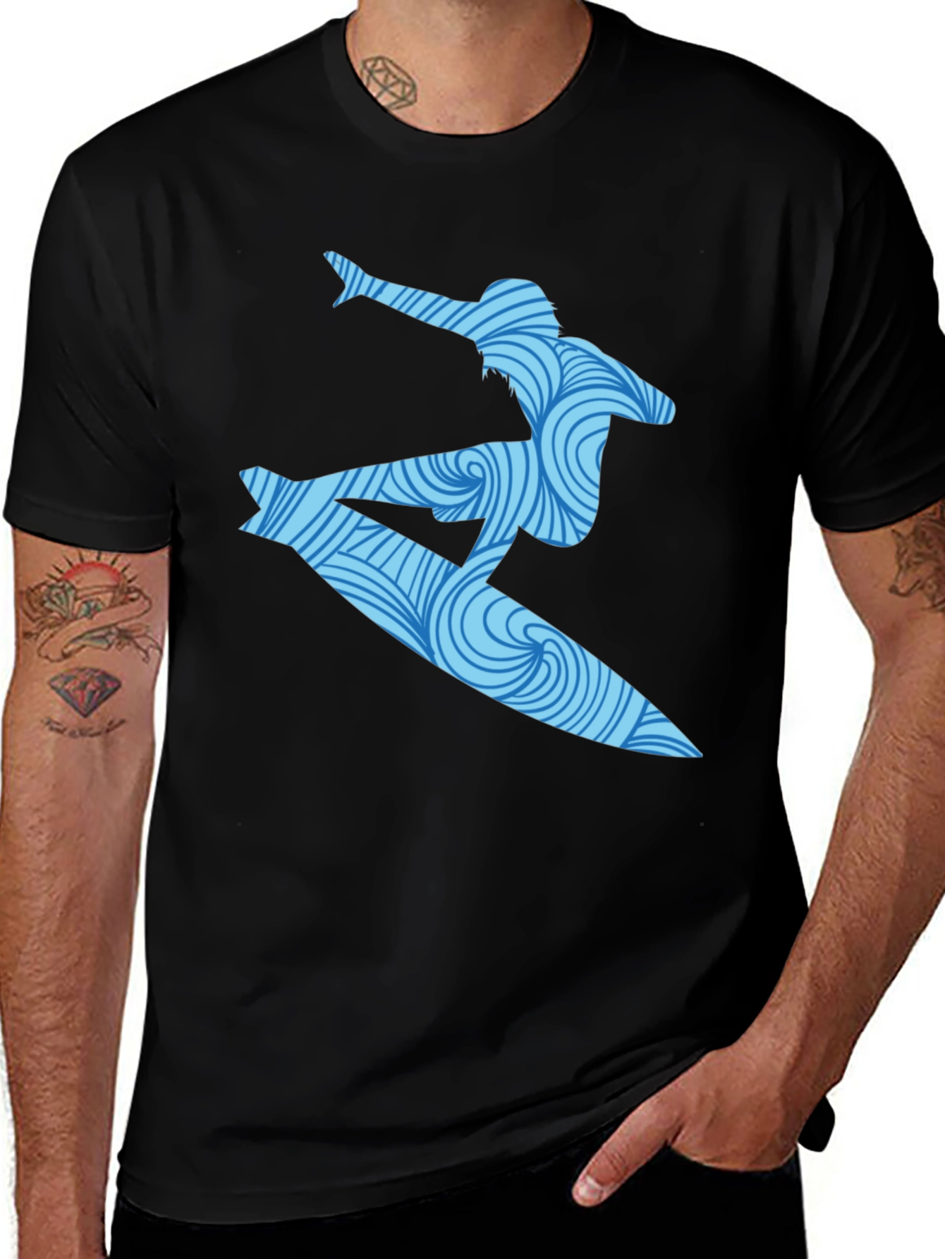 Variant 19 of Surfer Wave Graphic T-Shirt - Black Cotton Blend
