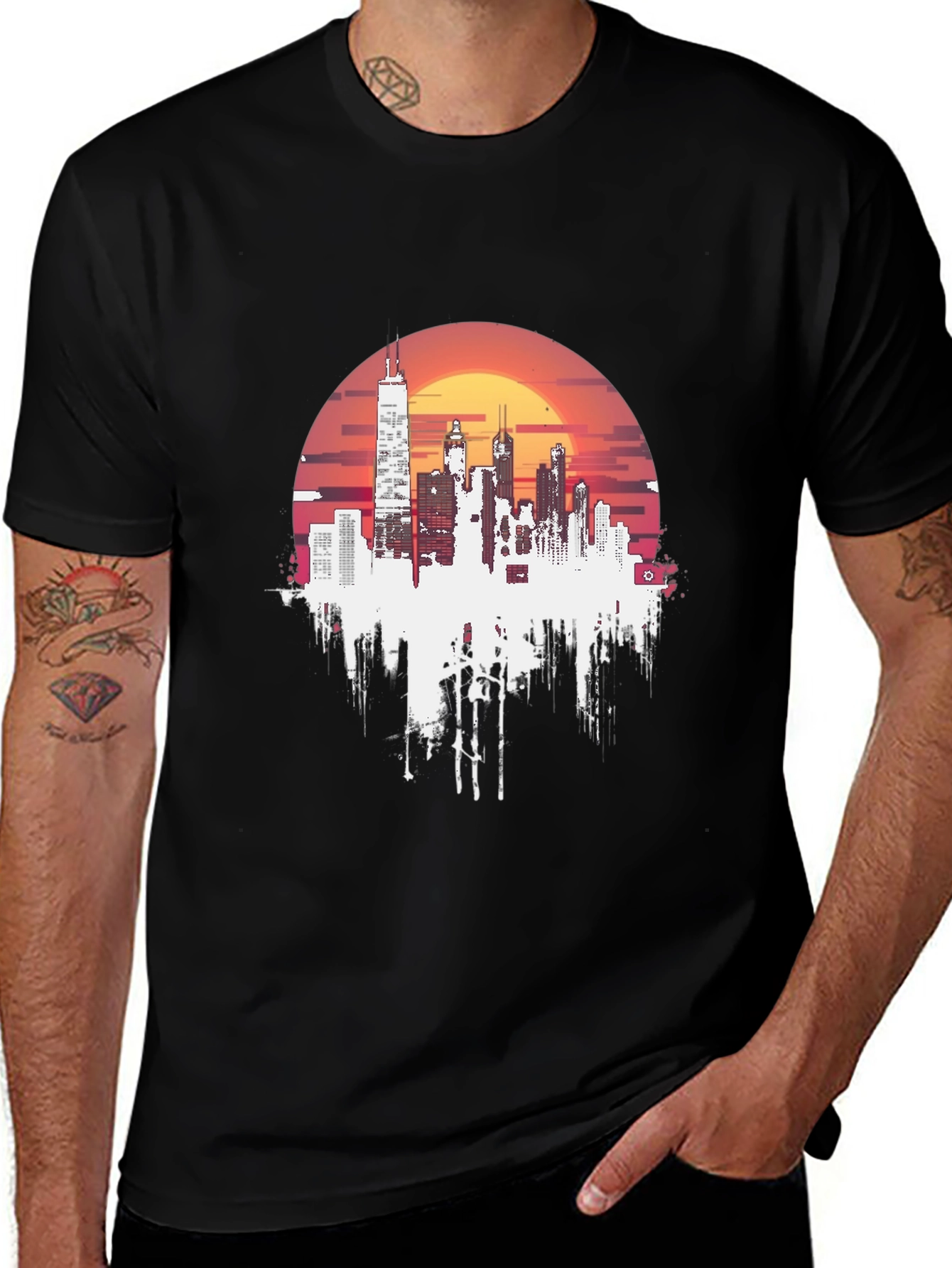 Variant 2 of Sunset Cityscape Graphic Tee - Stylish Black T-Shirt