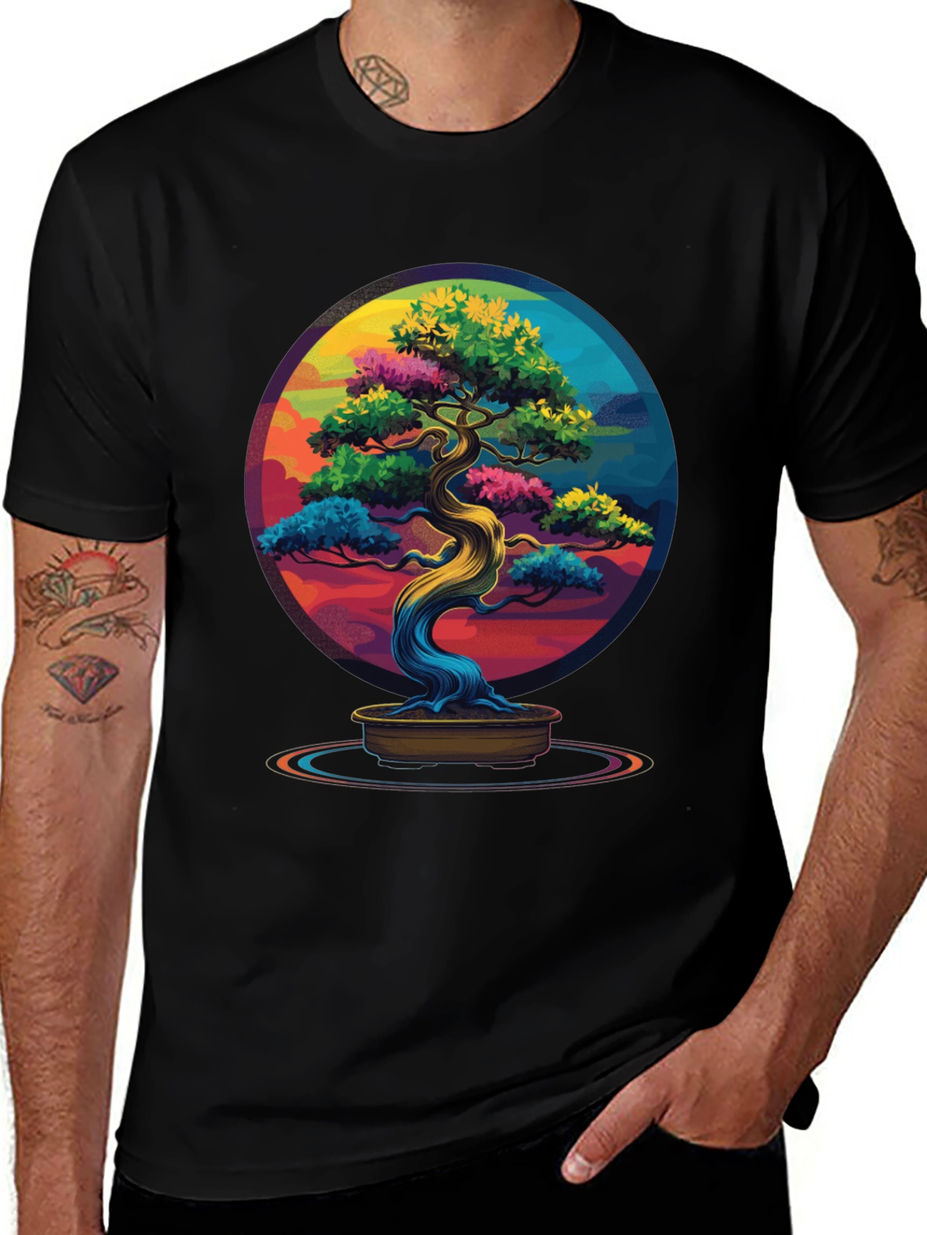 Black Colorful Bonsai Tree Graphic Tee - Unique Design main image