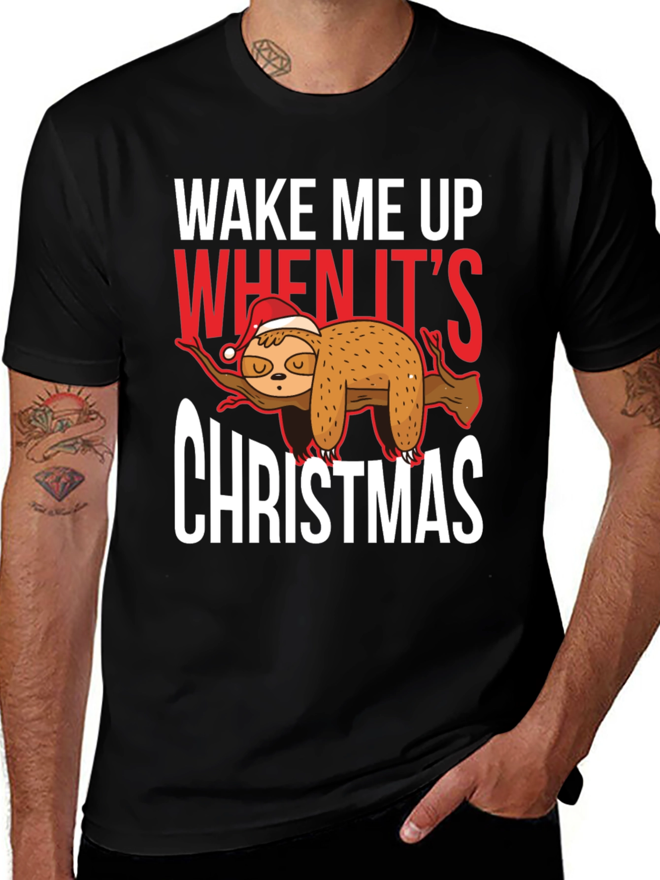 Black Wake Me Up When It's Christmas Sloth T-Shirt main image