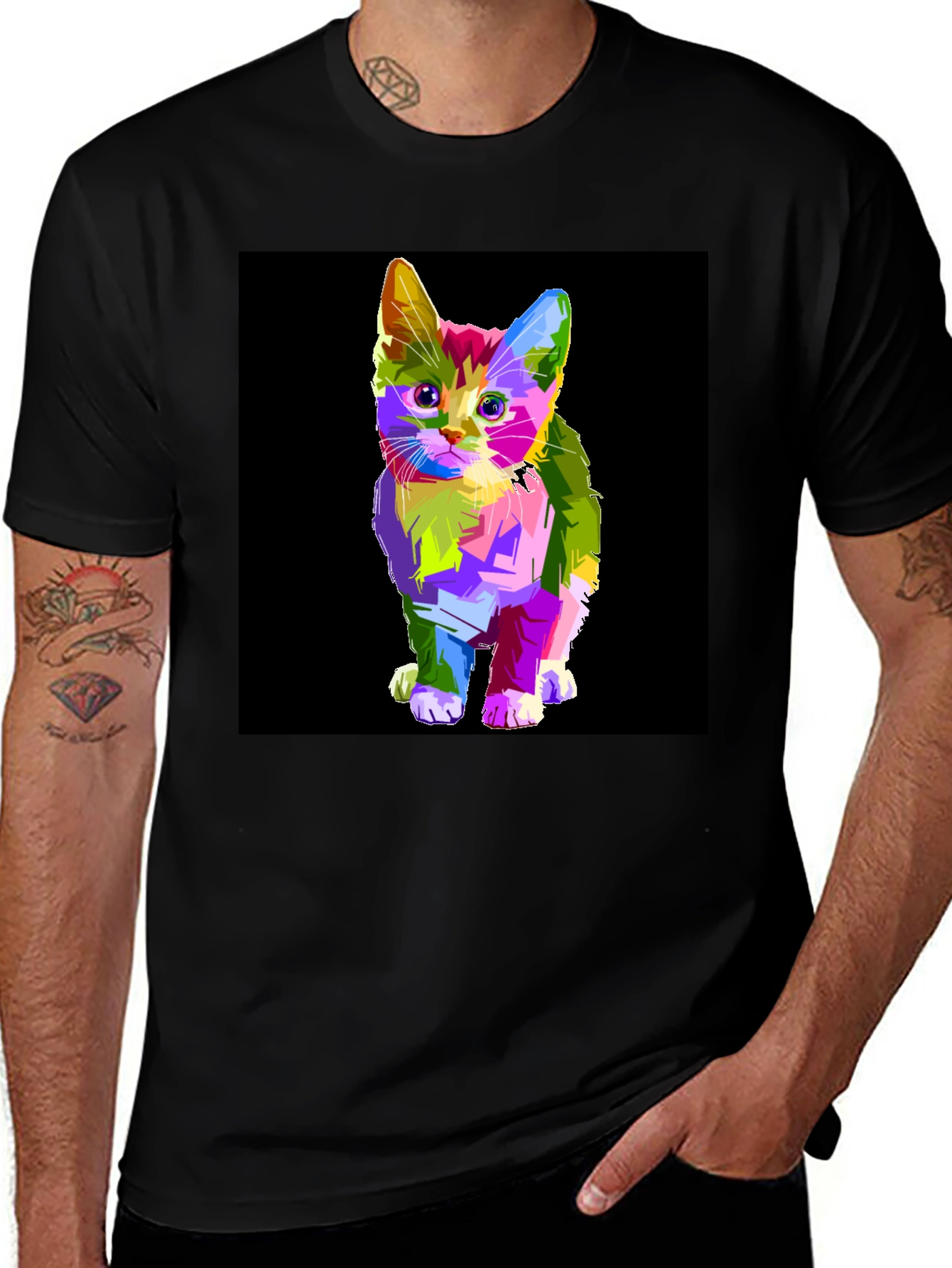 Variant 2 of Colorful Kitten Graphic Print Black T-Shirt