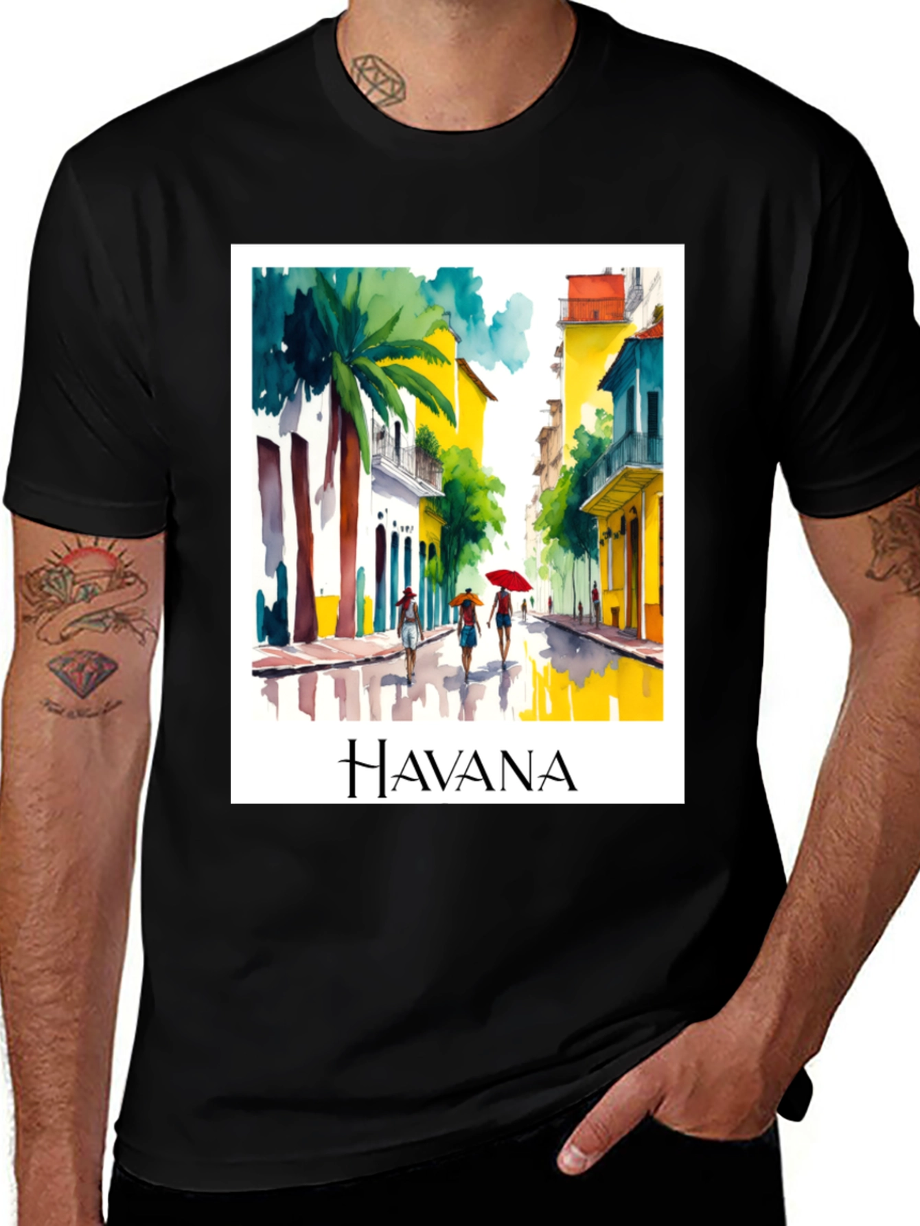 Havana Street Scene Graphic Tee - Watercolor Style
