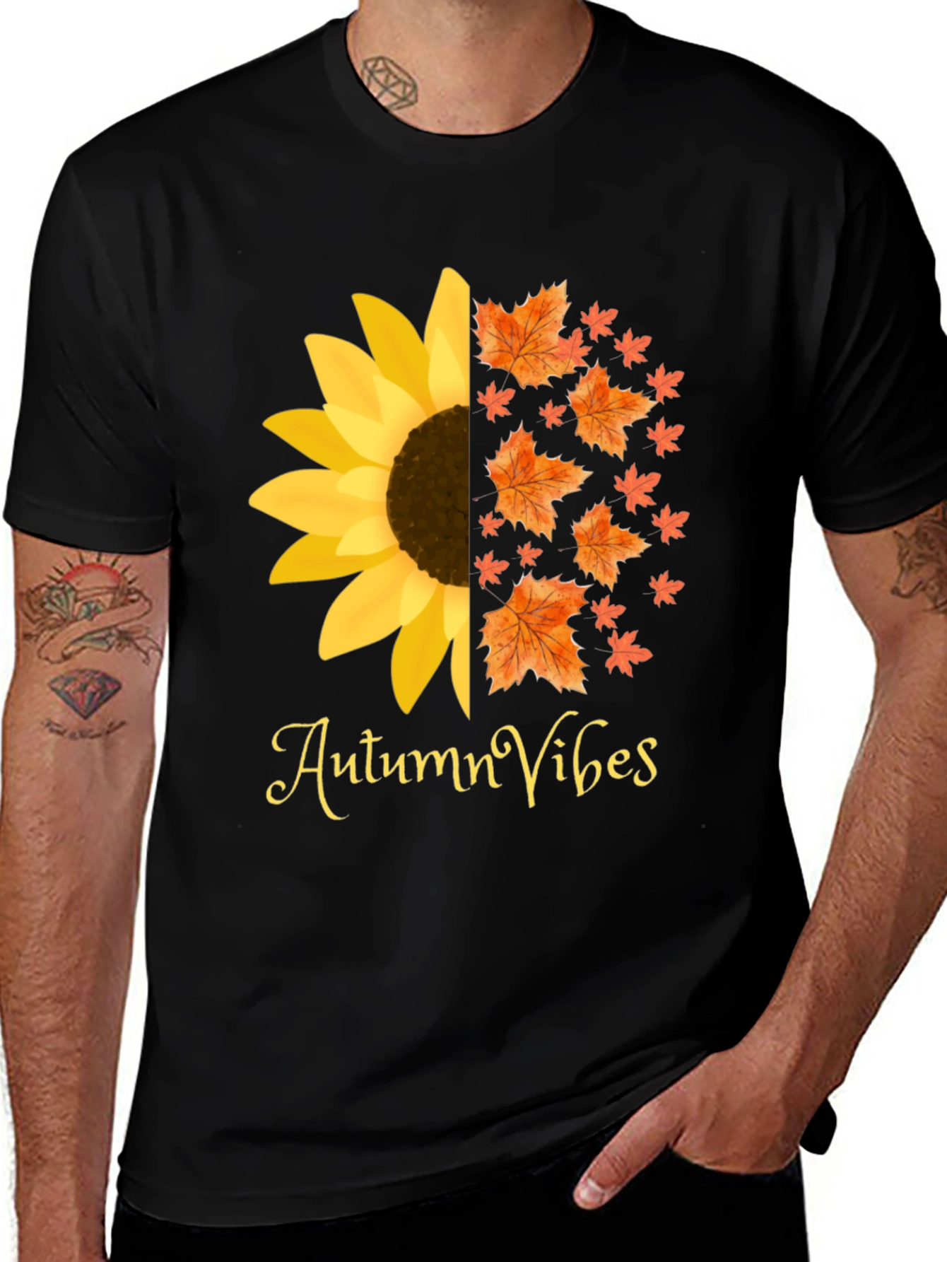 Variant 14 of Autumn Vibes Graphic Tee - Sunflower Fall Leaves Design